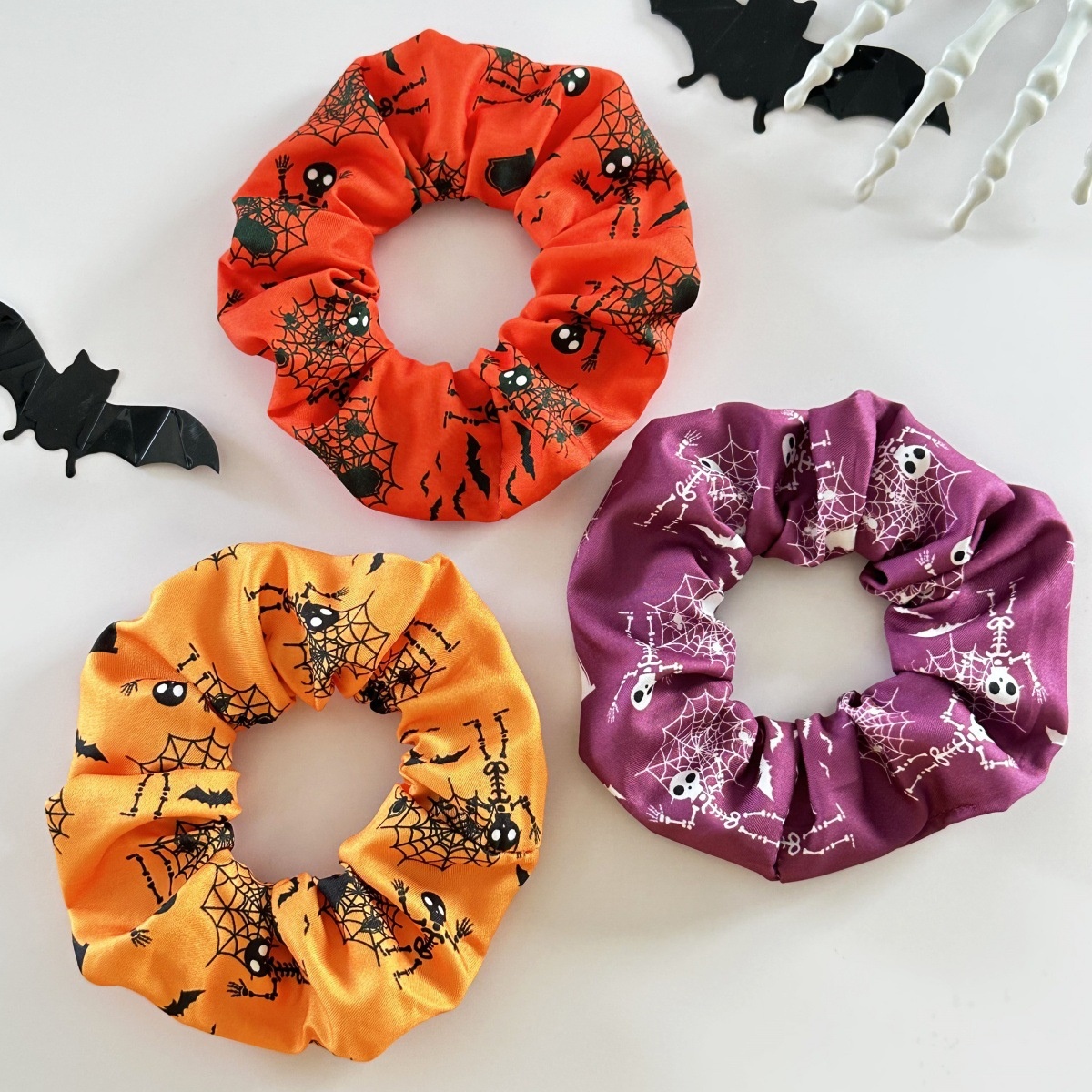 Women's Handmade Cloth Hair Ties Spooky Halloween Skull Spider Web Print