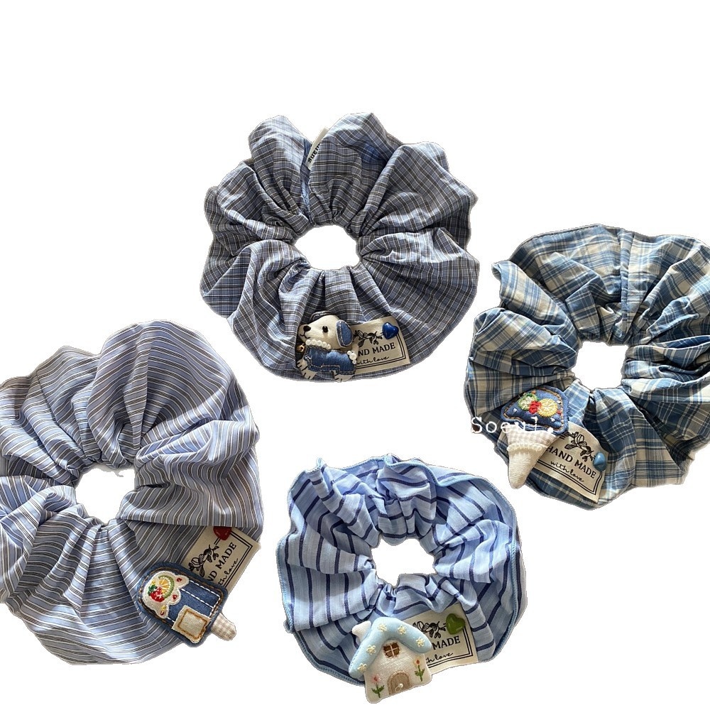 Women's Cute Summer Fabric Hair Tie Blue Cartoon House Pattern