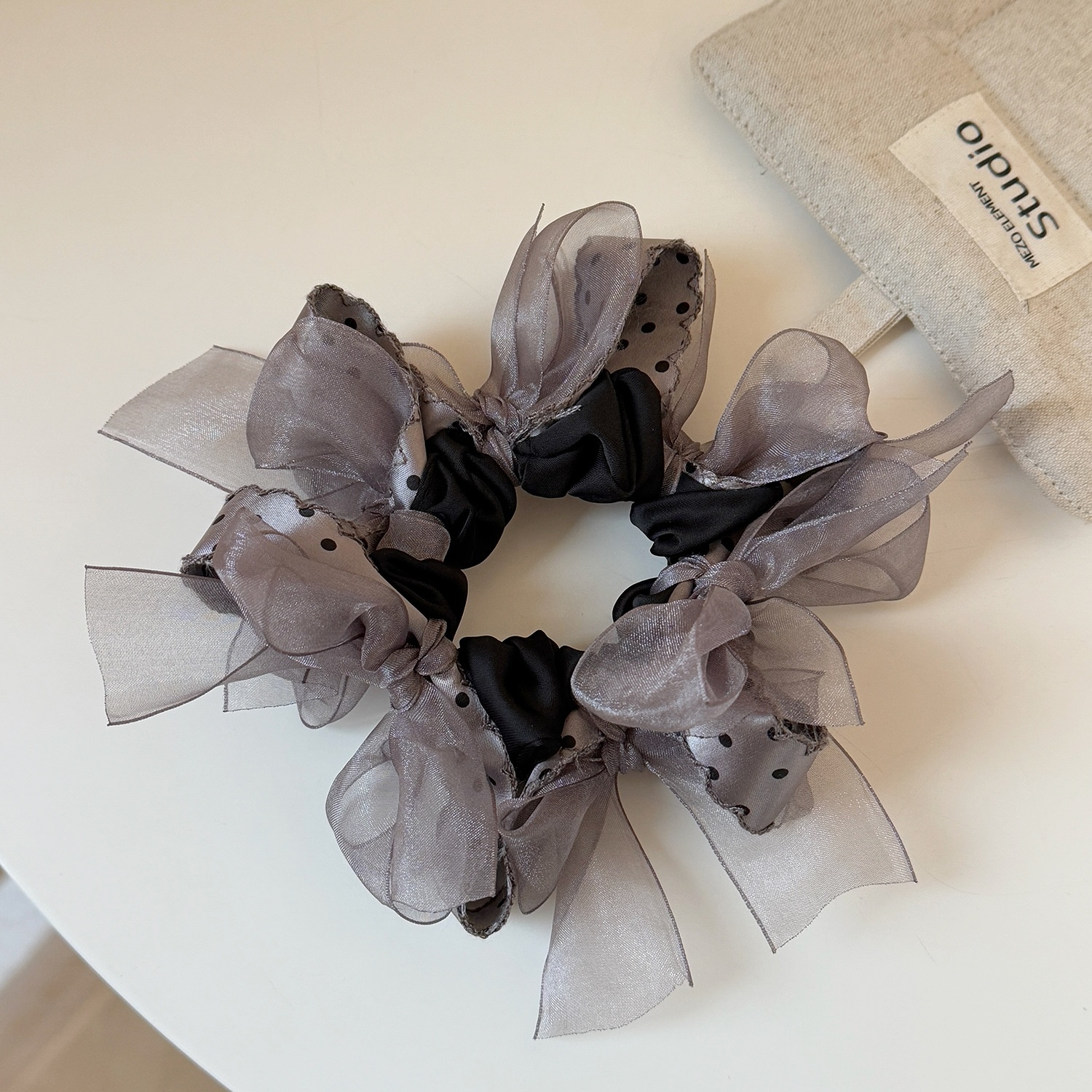 Women's Valentine Cloth Ribbon Bow Lazy Hair Tie Polka Dot Black Purple