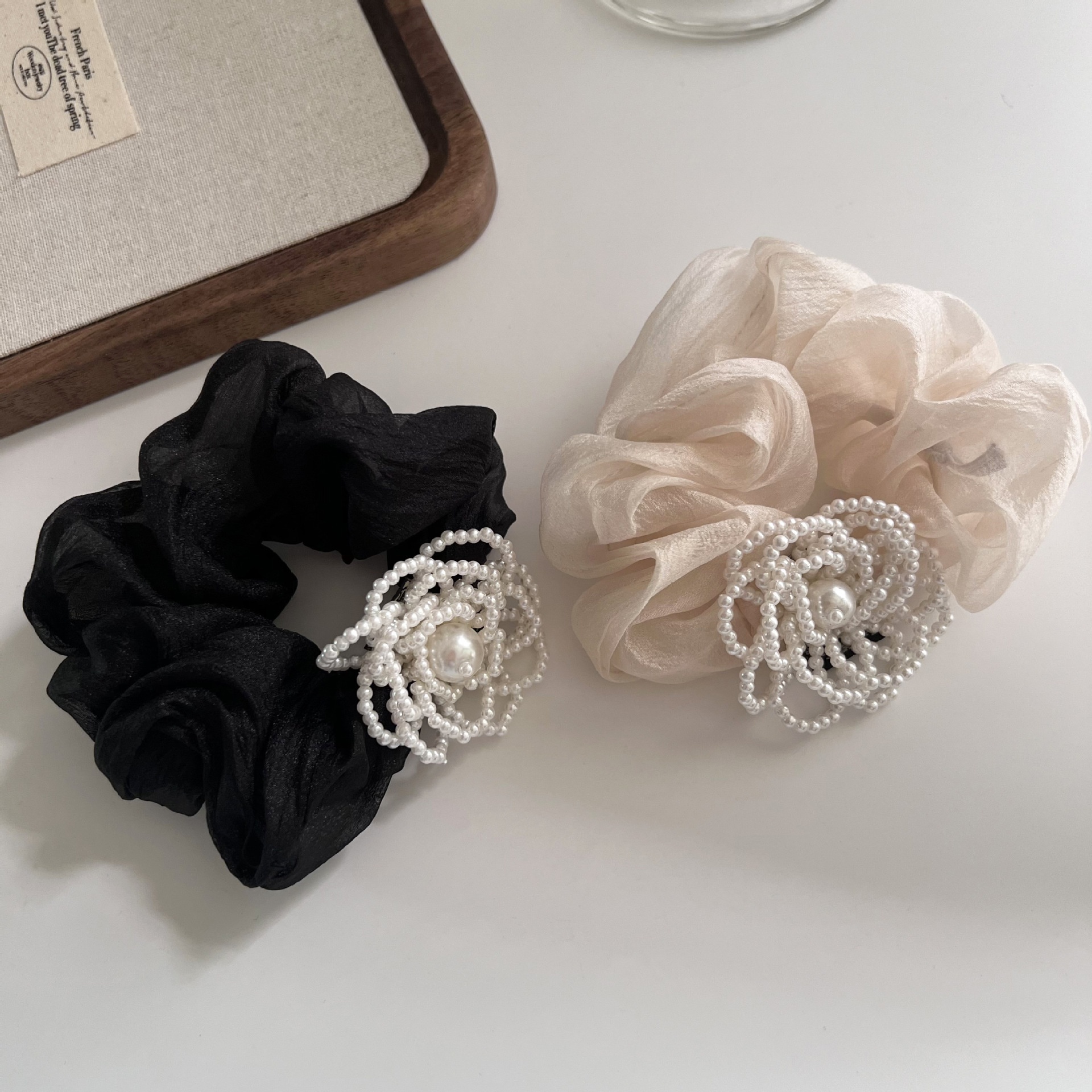 Women's Pearl Floral Mesh Hair Tie Elastic French Bun Solid Color