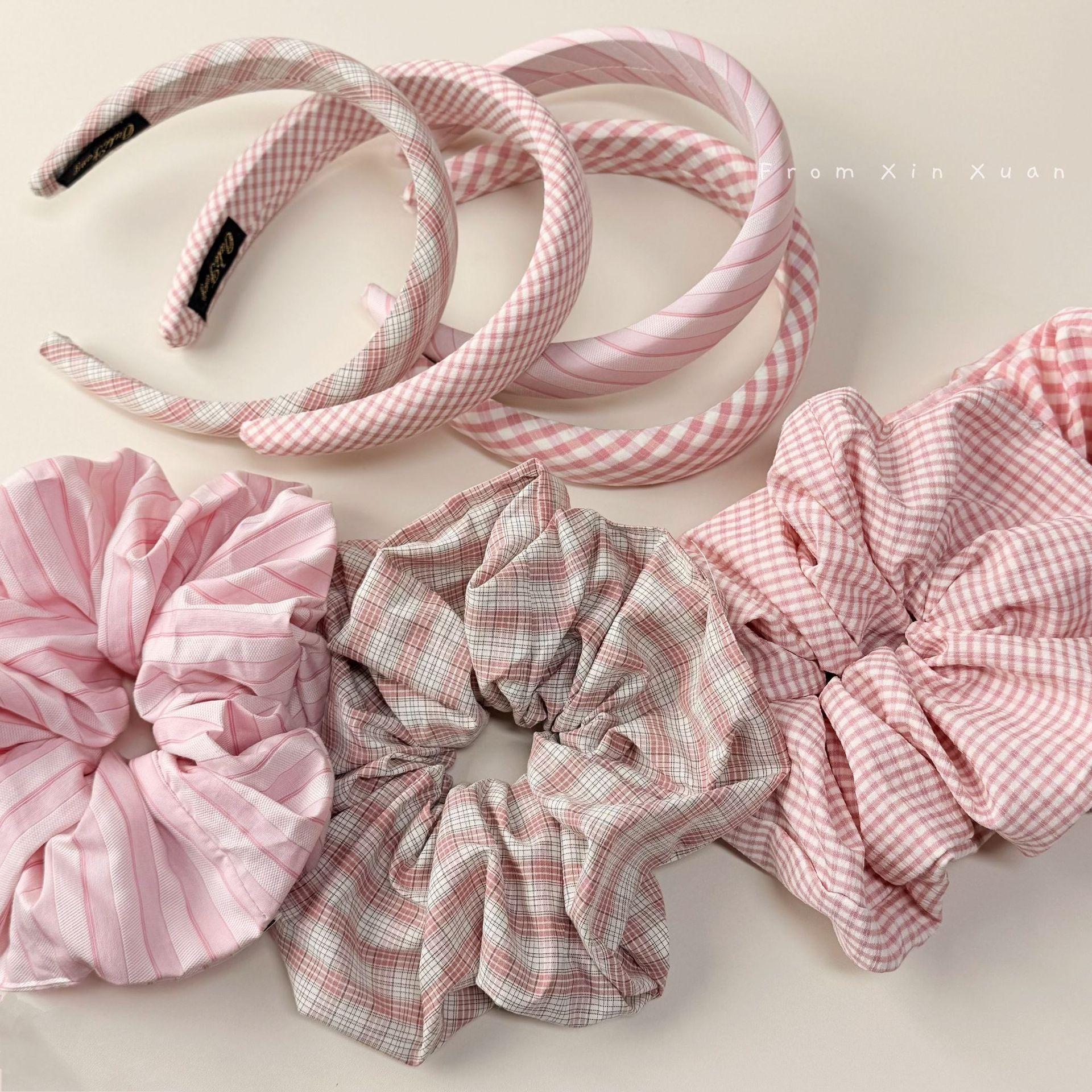 Women's Stylish Cloth Hair Tie in Pink Plaid for Spring and Summer
