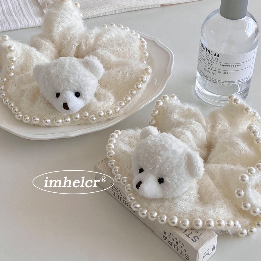 Women's Handmade Plush Pearl Edge Hair Tie All Seasons White Little Bear