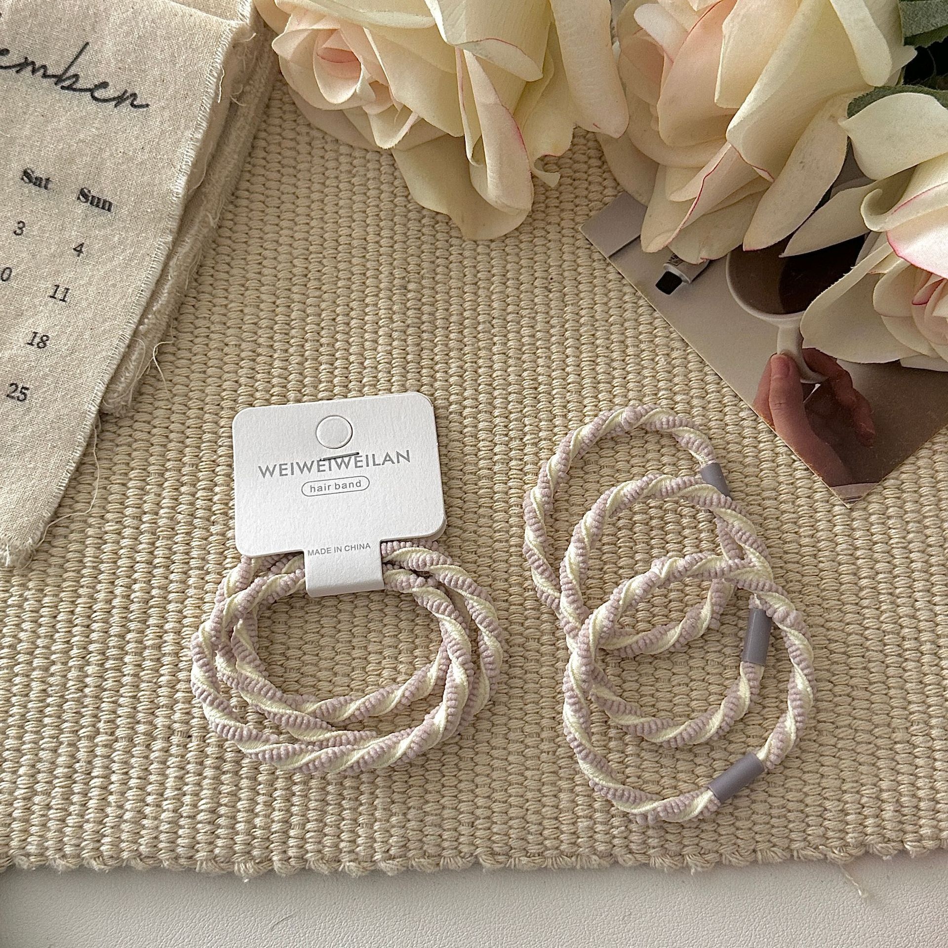 Women's Summer Cloth Scrunchies 3PCS Pack Sweet Striped Beige