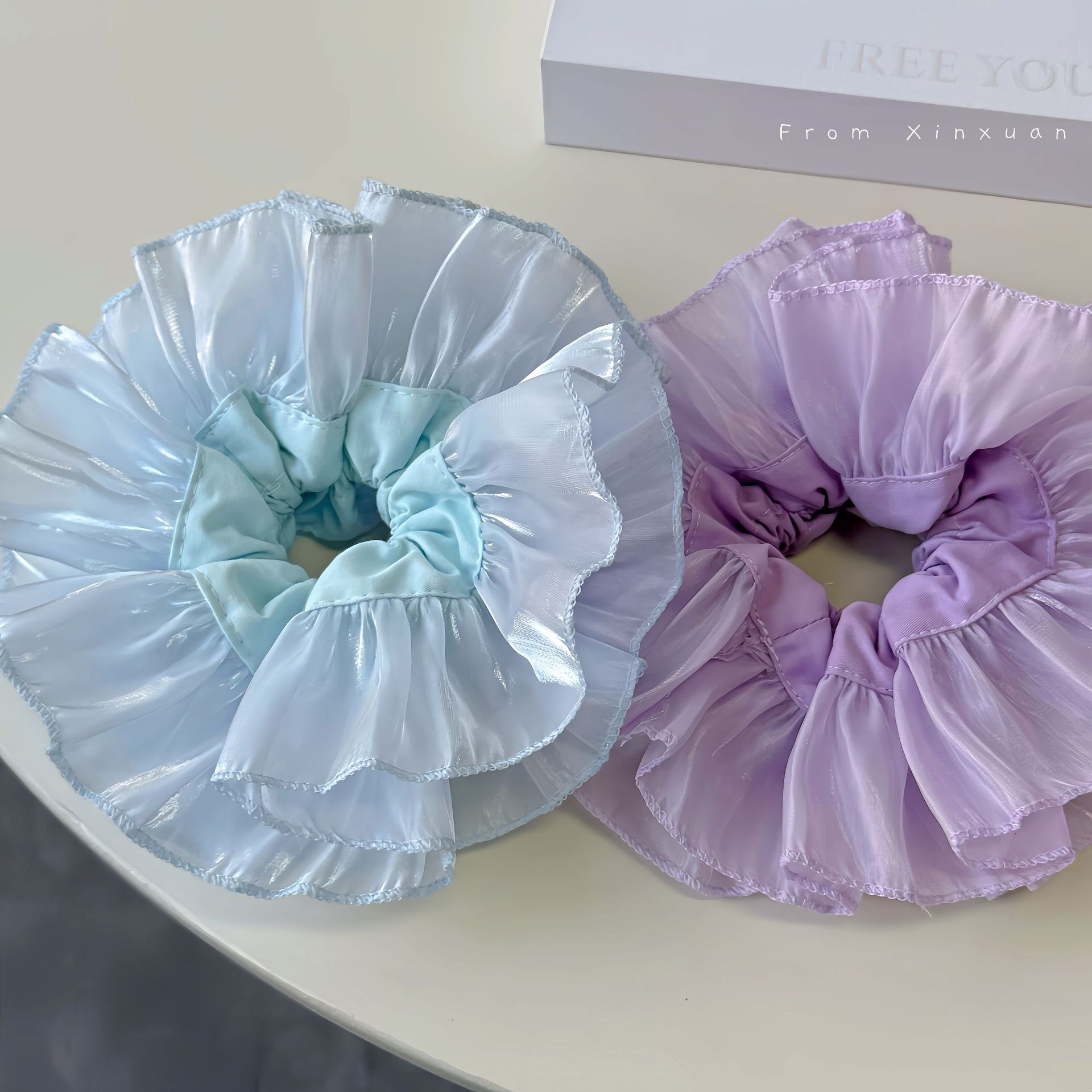 Women's Handmade Pleated Gauze Large Bow Lazy Hair Tie Lilac Blue