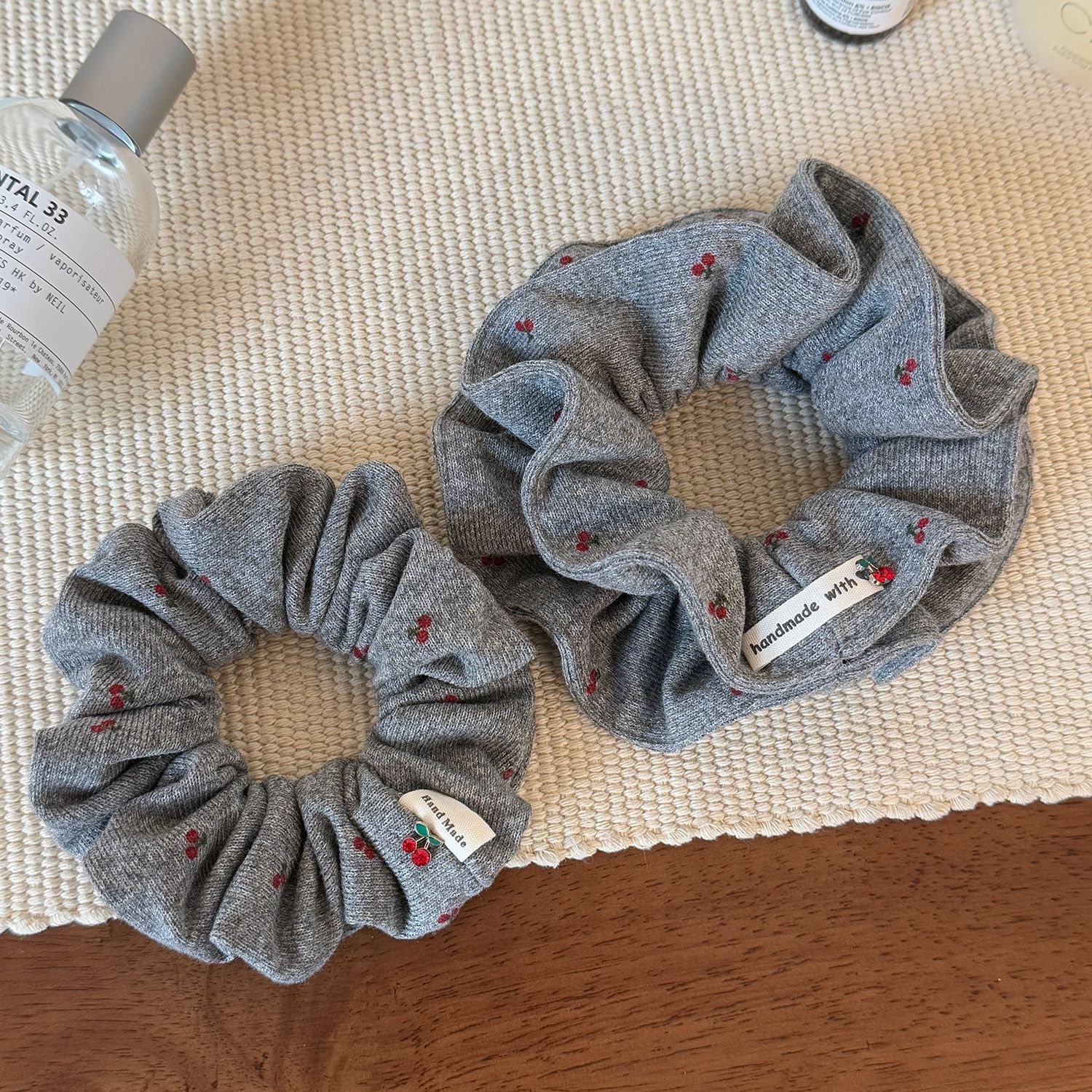 Women's Autumn Winter Cloth Bun Hair Ties Simple Gray Cherry Print