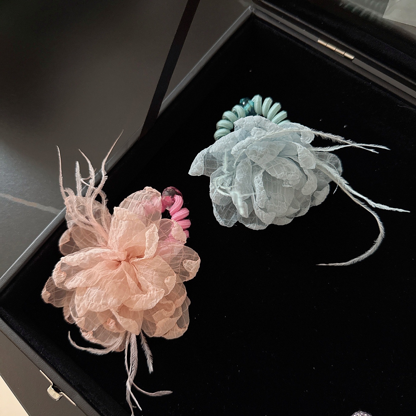 Women's Spring Fairy Tulle Telephone Cord Hair Tie Airy Blue Flowers