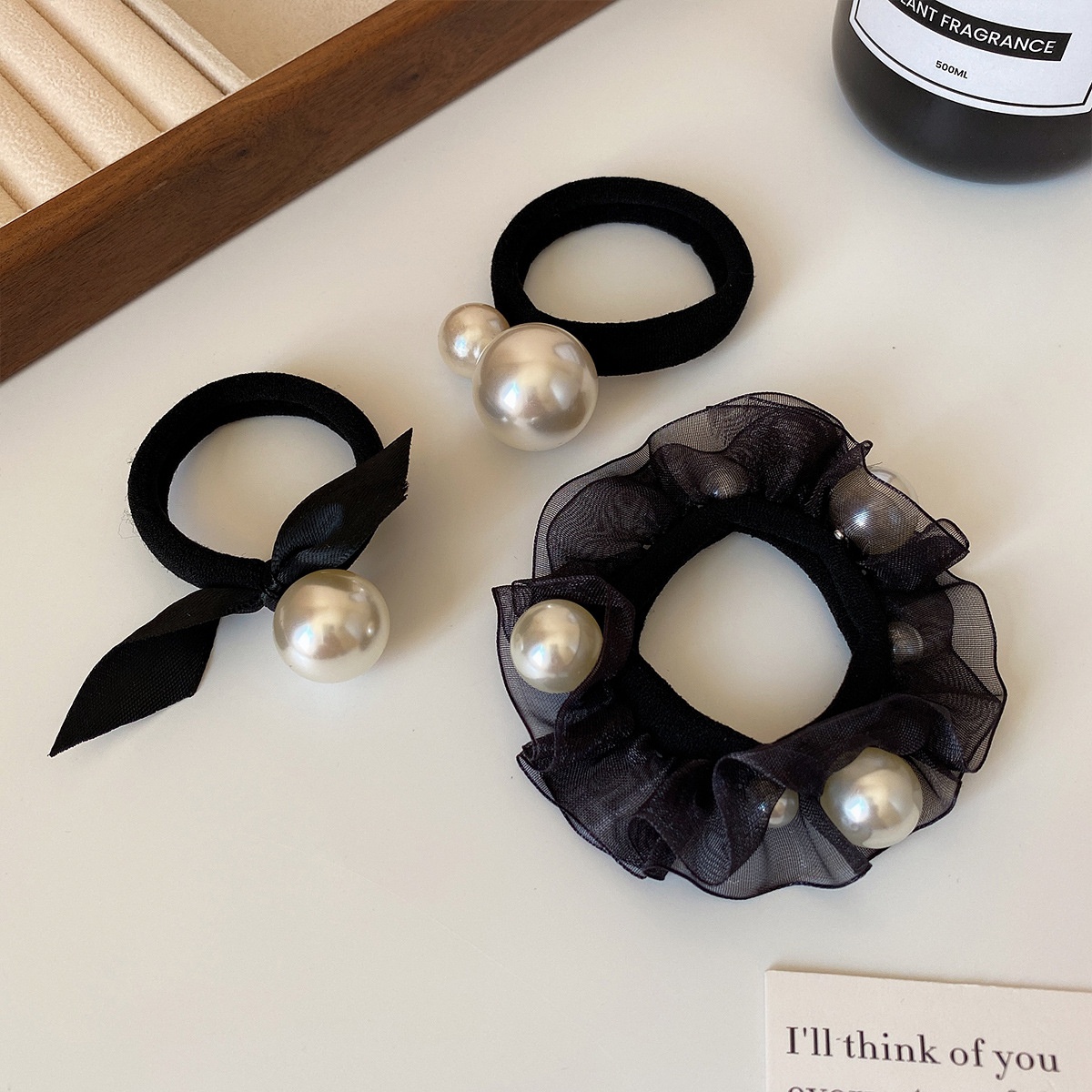 Women's Everyday Gauze Pearl Hair Ties 5-Piece Set Black Bow Knot