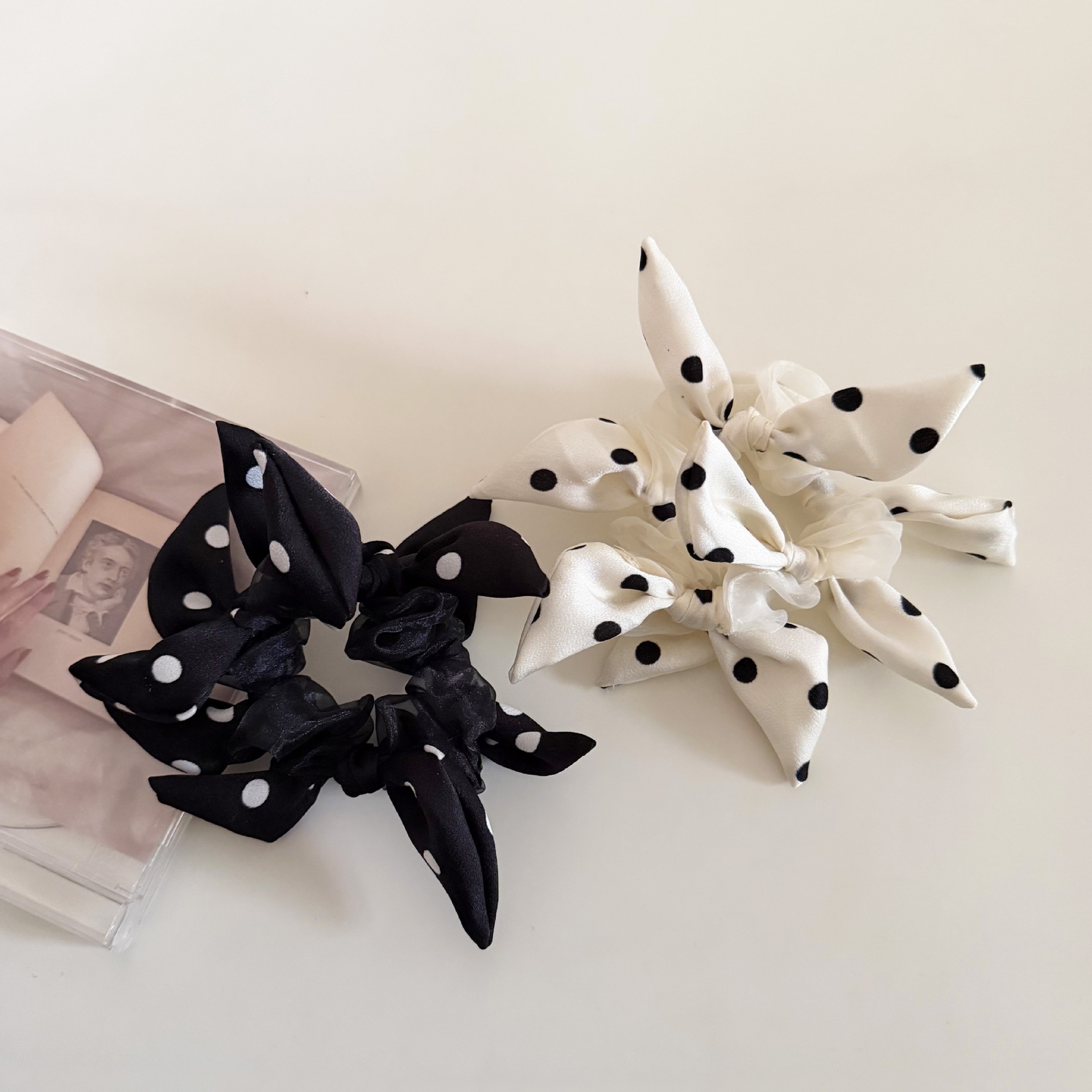 Women's Mesh Large Bowknot Hair Tie Accessory Black And White Polka Dot