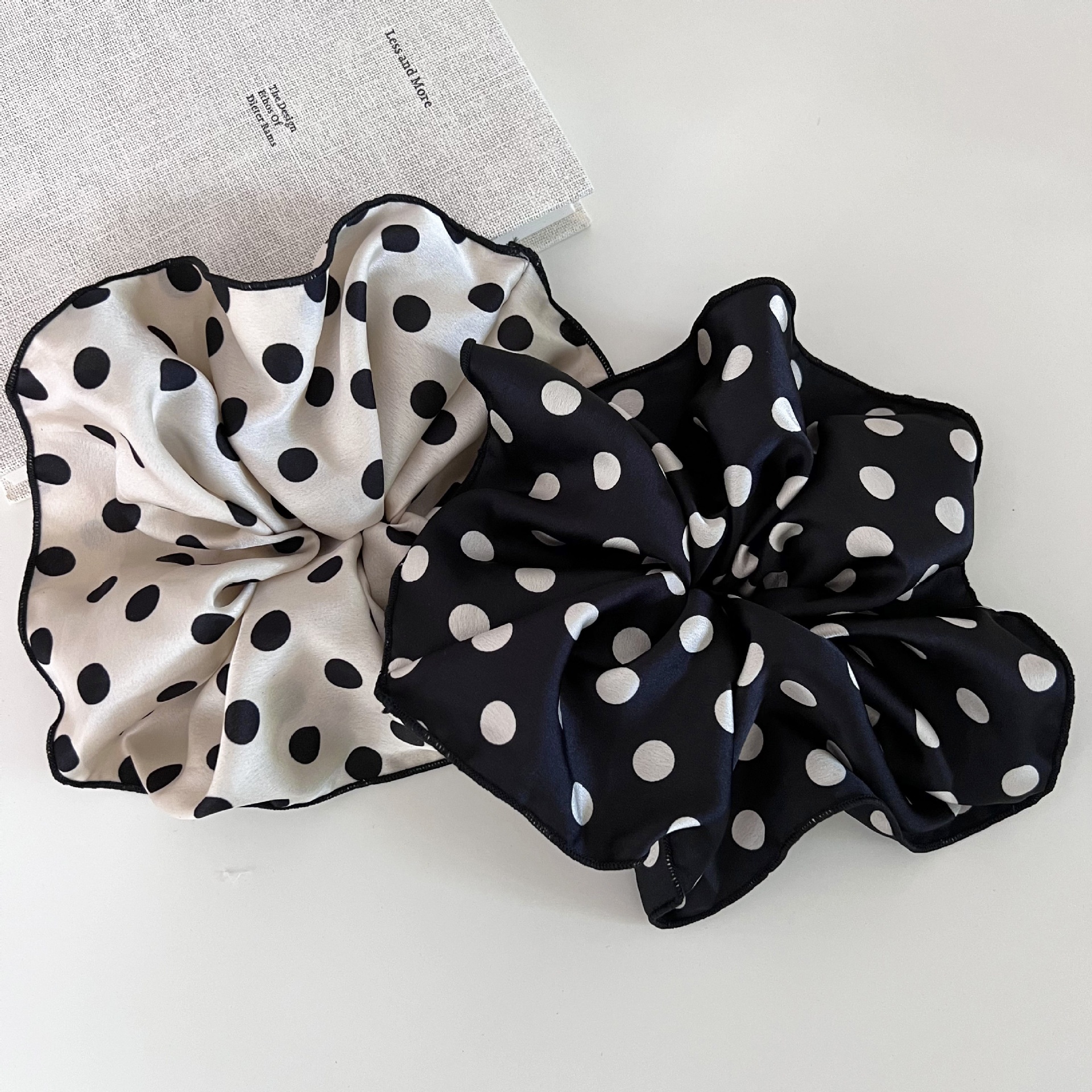 Women's Extra Large French Satin High Bun Hairband Black White Polka Dot