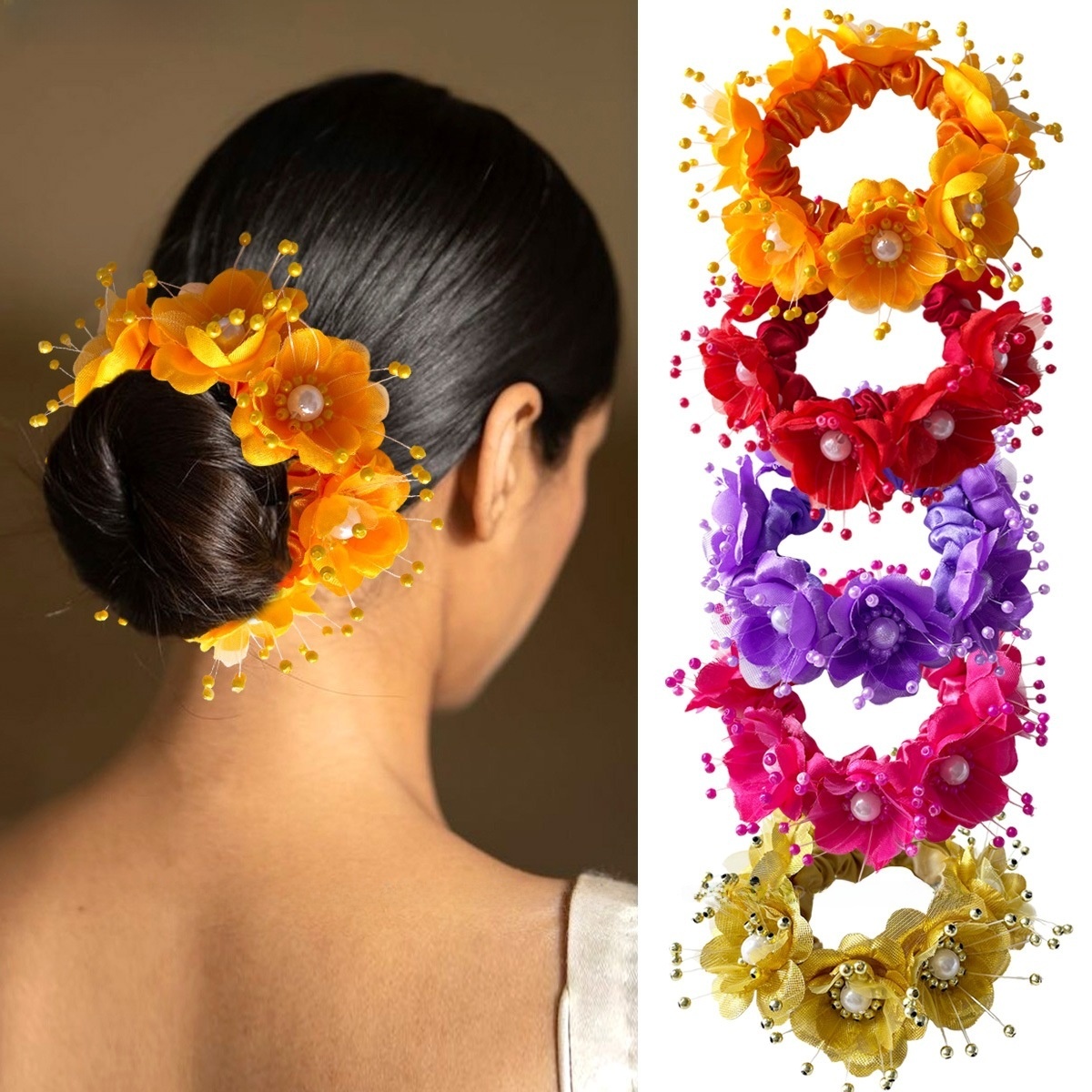 Women's Pearl Organza Vacation Bridal Hair Tie Colorful Floral