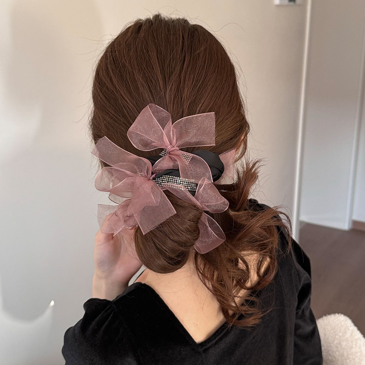 Women's Large Fluffy Lace Bow Hair Tie Summer French Lazy Hairband Pink