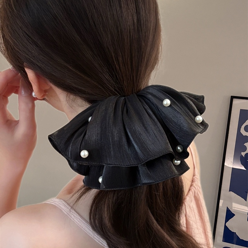 Women's Shiny Satin Pearl Large Bow Banquet Hair Tie Solid Color