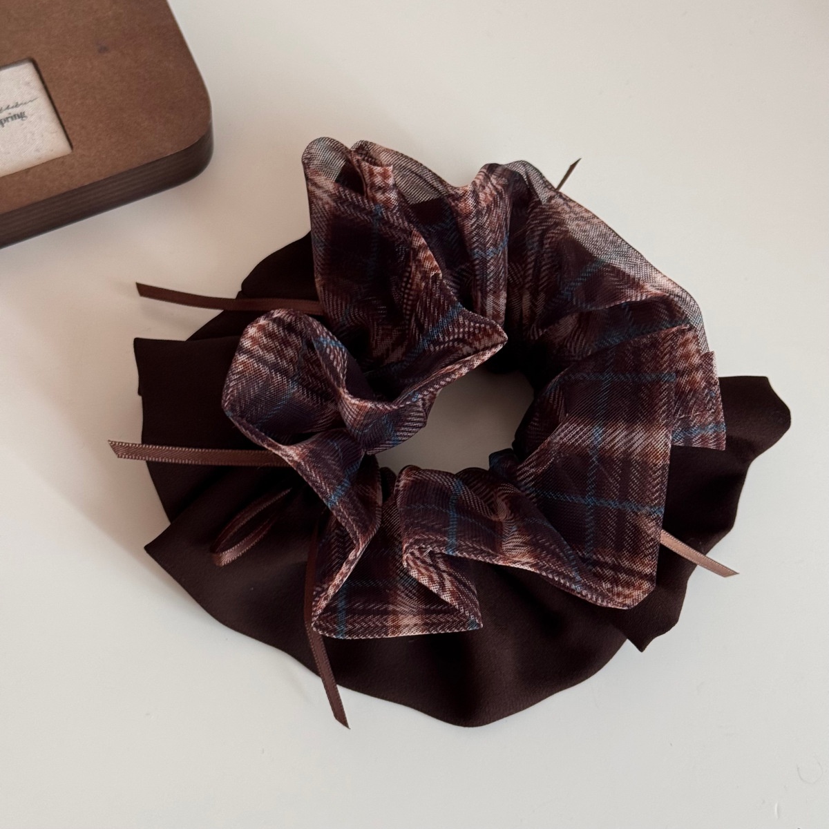 Women's Retro Brown Plaid Gauze Bow Knot Hair Tie, Elegant Winter Accessory