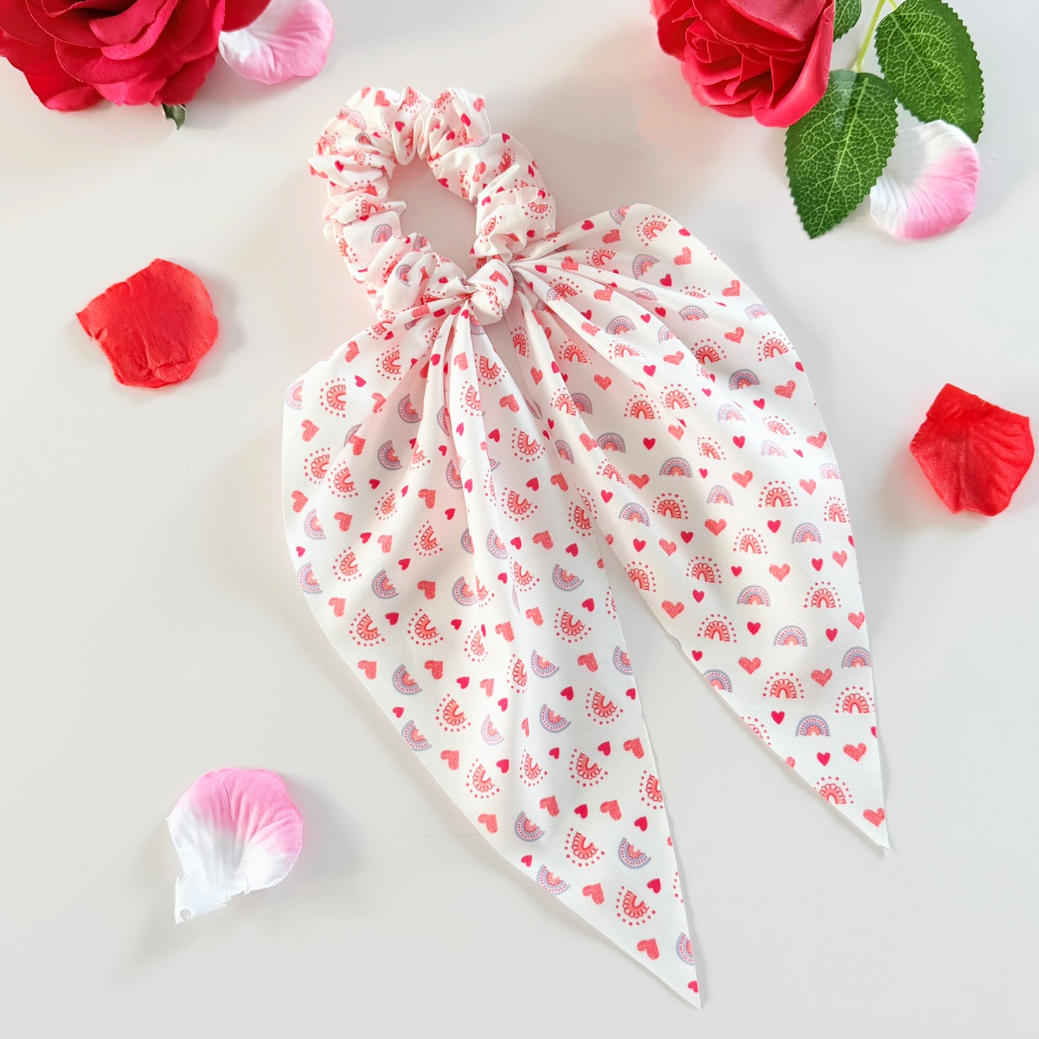 Women's Fabric Bow Hair Tie Ponytail Holder Valentine Heart Lip Print