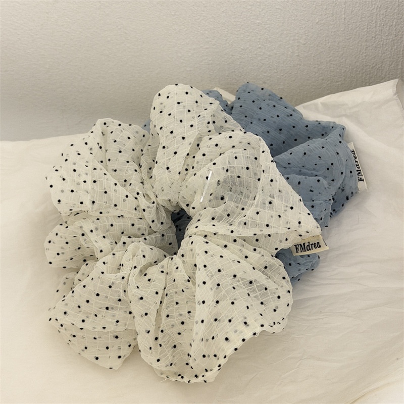 Women's Soft Tulle Ponytail Holder Hair Tie White and Blue Polka Dots