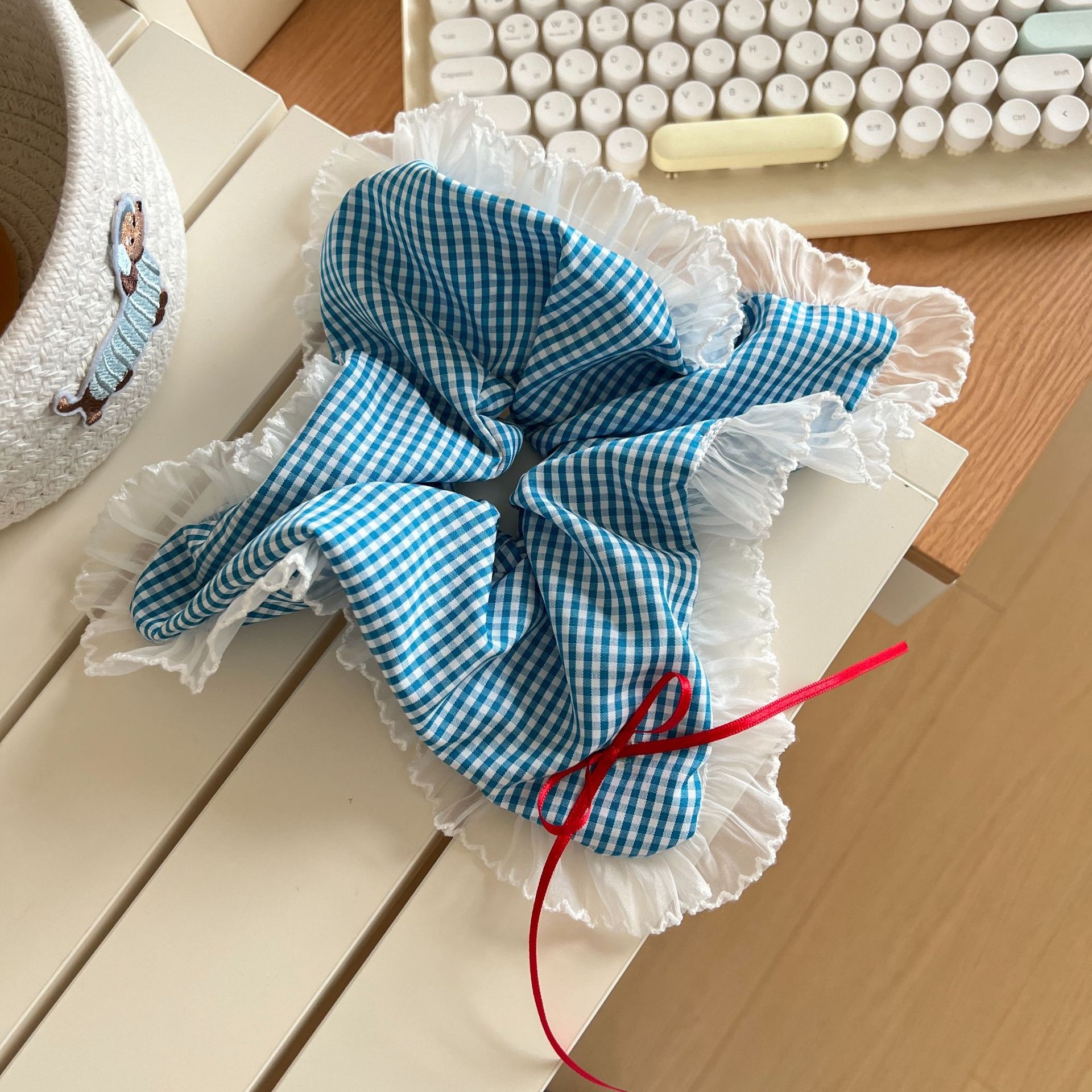 Women's Fabric Bowknot Hair Ties Summer Date Ruffle Bands Multicolor Plaid