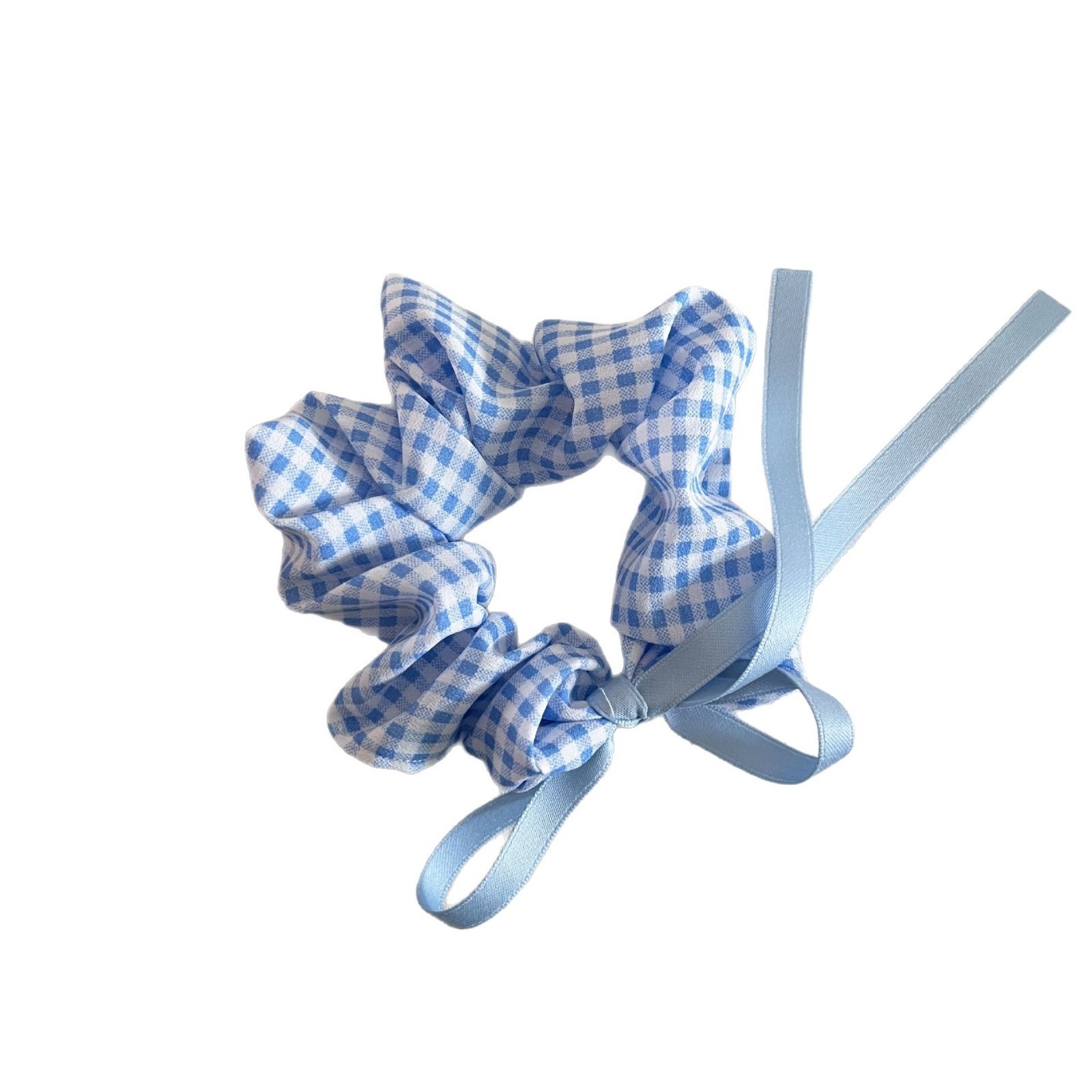 Women's Large Cloth Bow Scrunchie For Hair Buns Blue Plaid Polka Dot