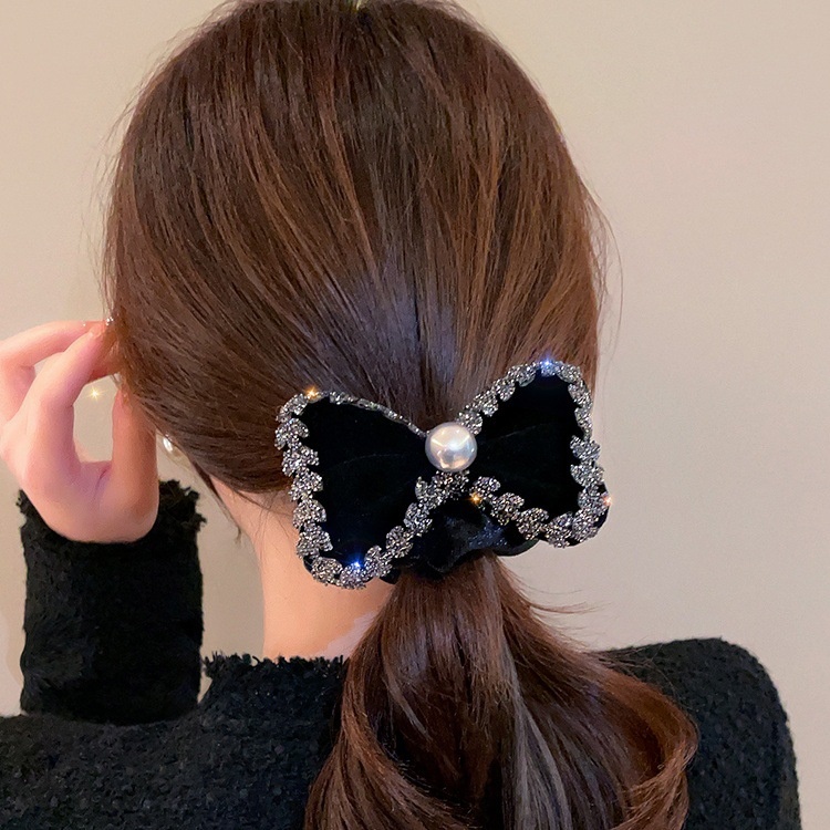 Women's Winter Velvet Rhinestone Elastic Hair Tie Bowknot Wine Red Black