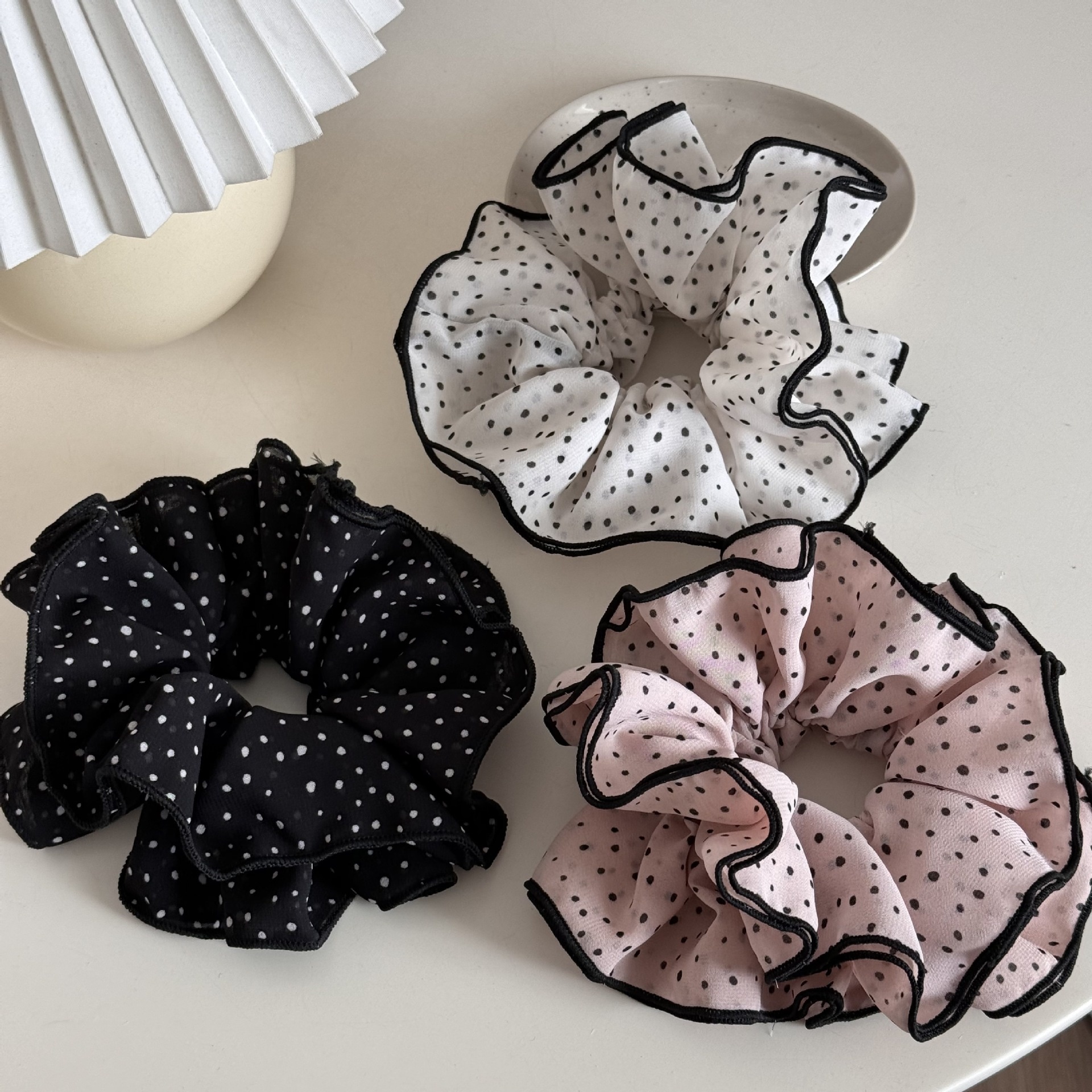 Women's Everyday Soft Cloth Scrunchie Hair Tie Black Polka Dots Pattern