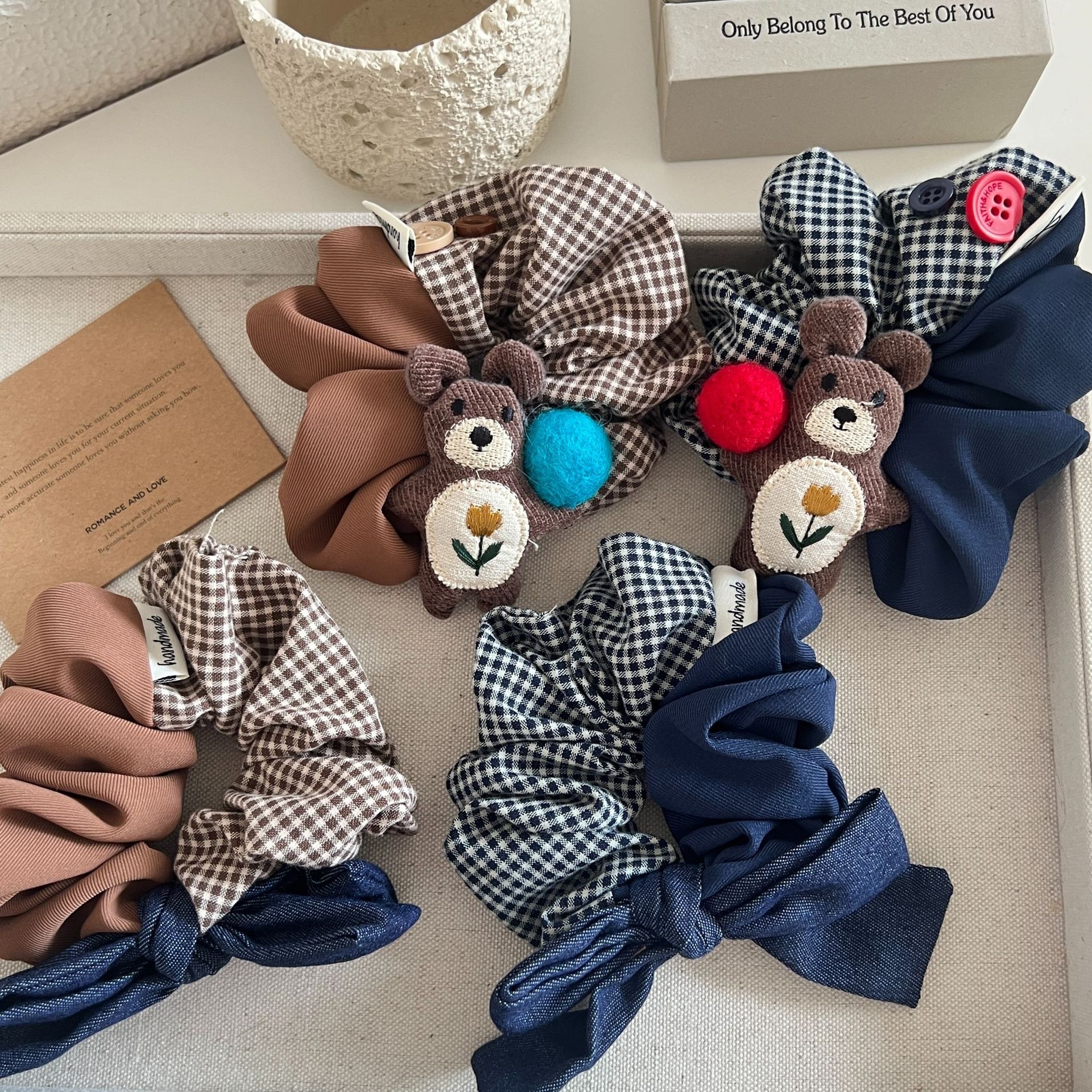 Women's Elegant Plaid Cloth Hair Ties Cute Bear Low Bun Hair Ropes