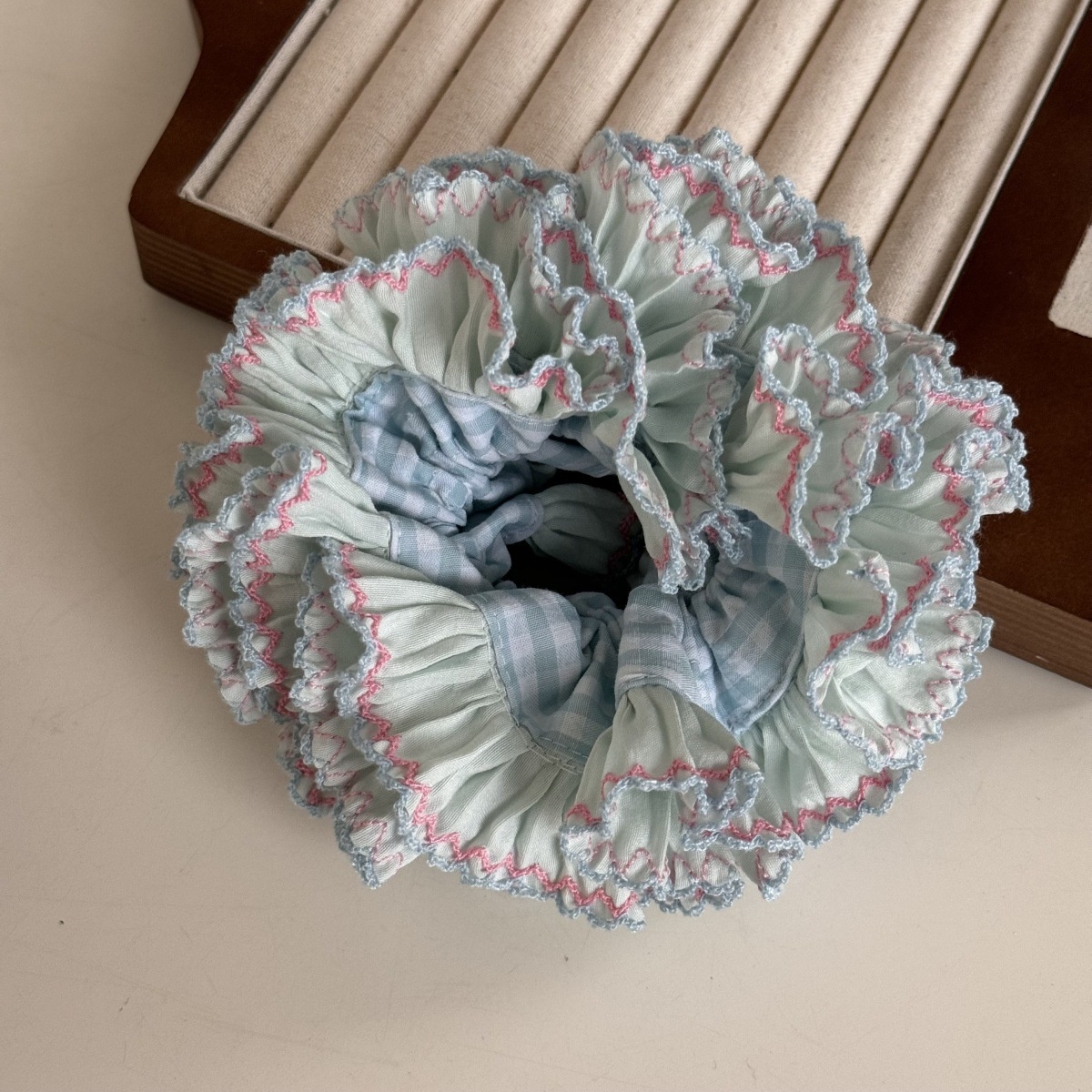 Women Daily Vintage Ruffled Bow Cloth Hairband Plaid Pink Blue