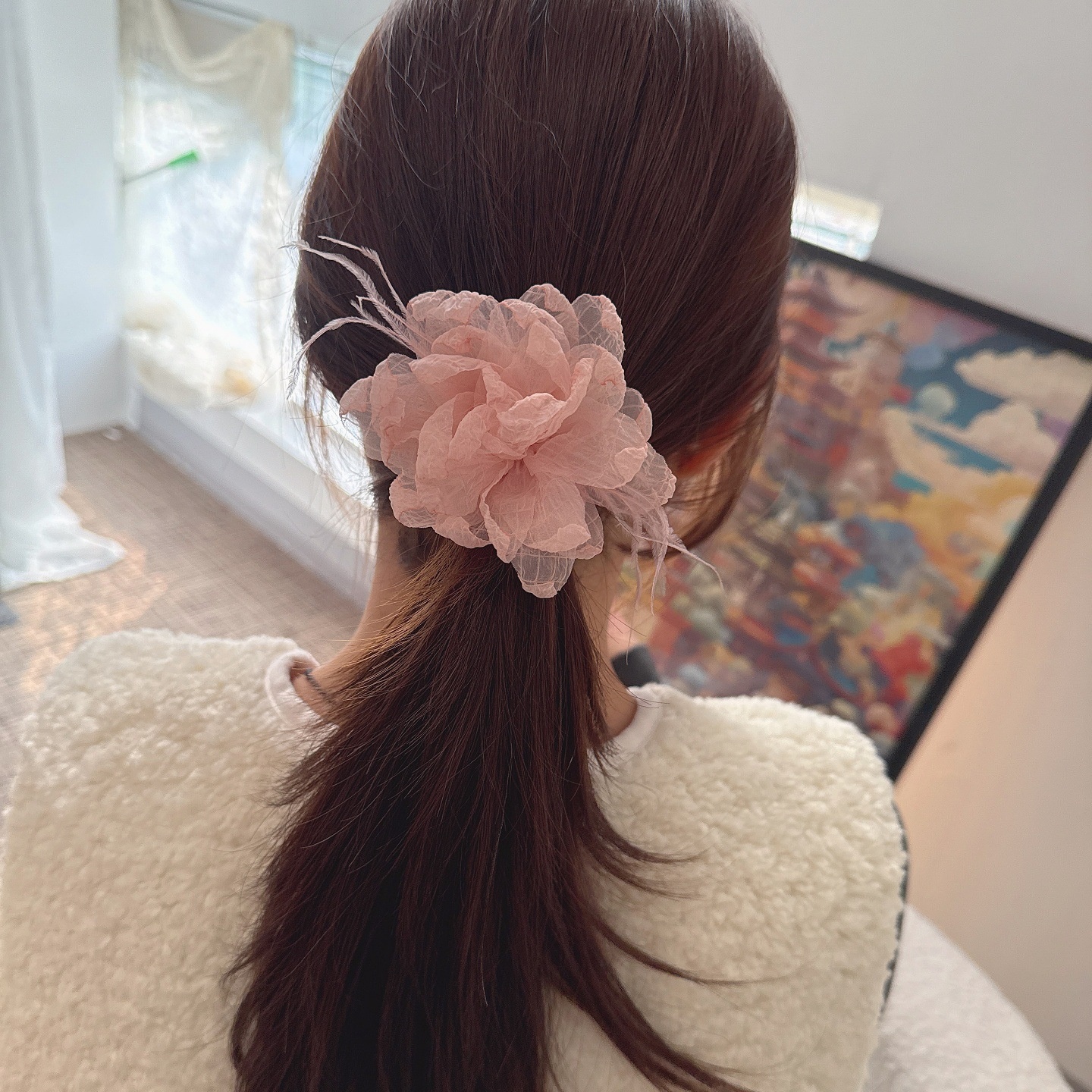 Women's Spring Fairy Tulle Telephone Cord Hair Tie Airy Blue Flowers
