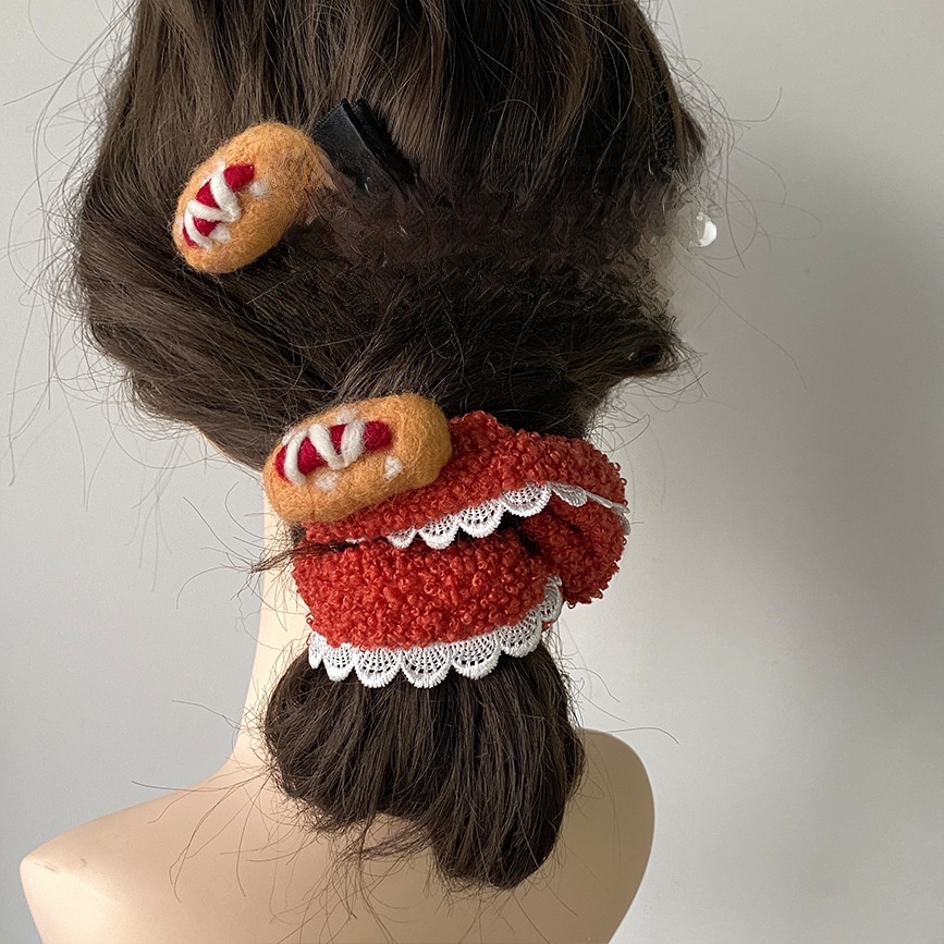 Women's All-Season Felt Hair Clip Tie Cartoon Teddy Dog Hot Dog Bun