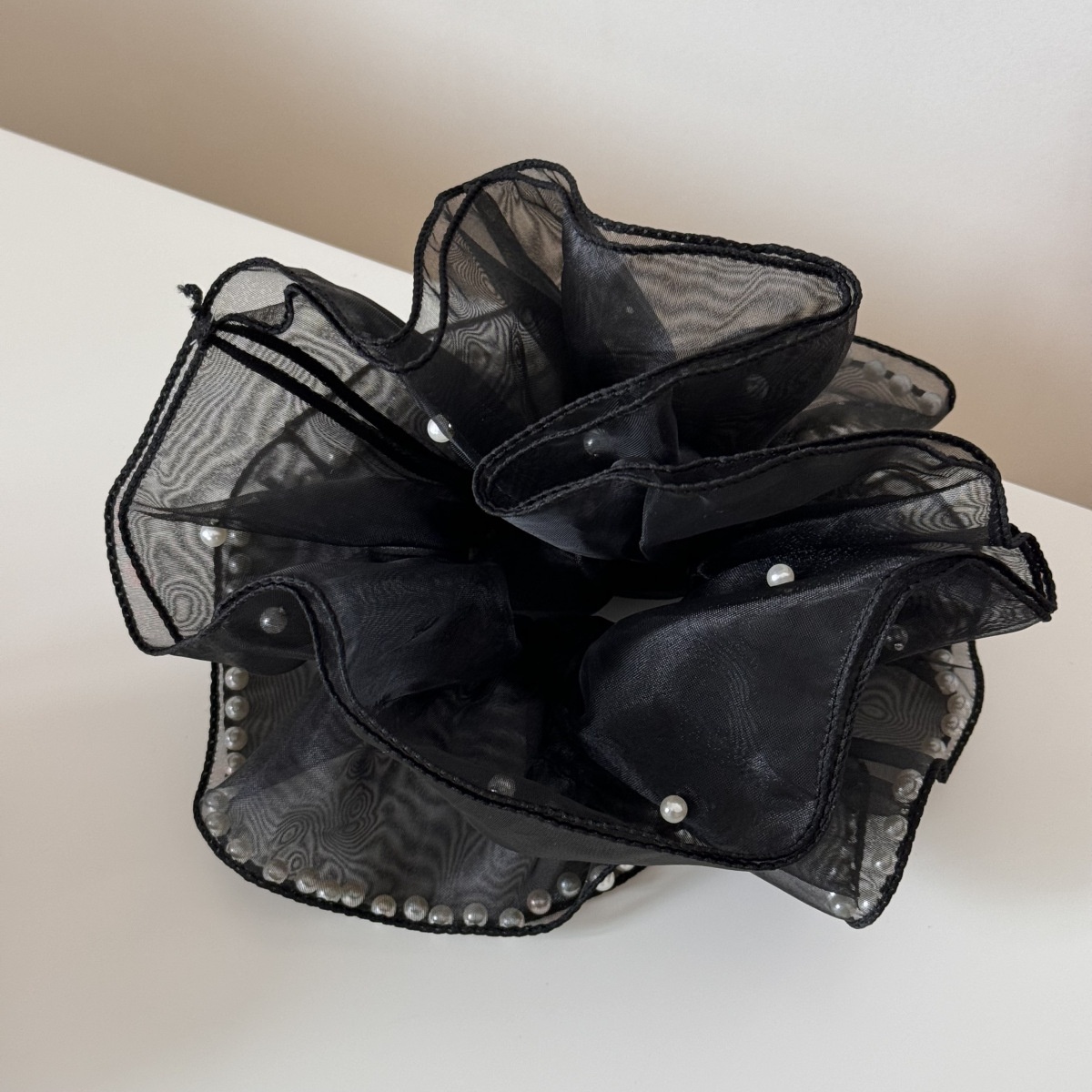 Women's Extra Large Hepburn Beaded Net Hair Tie Volume-Increasing Solid Cloth