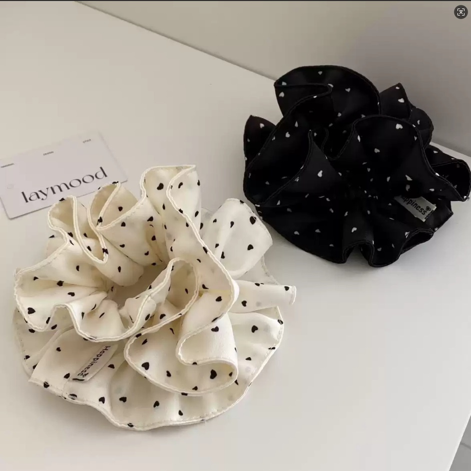 Women's French Style Soft Polyester Hair Tie White Black Heart Polka Dots