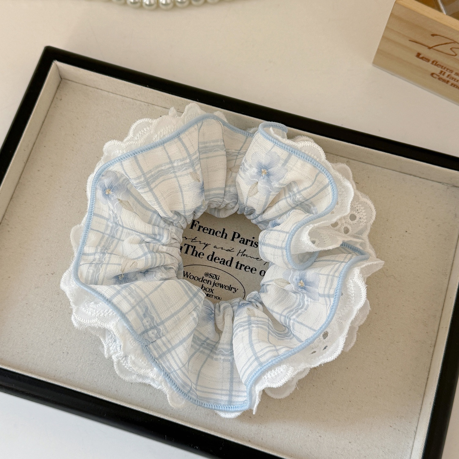 Women's Sweet Spring Summer Lace Bow Cloth Hair Tie Pink Blue Plaid