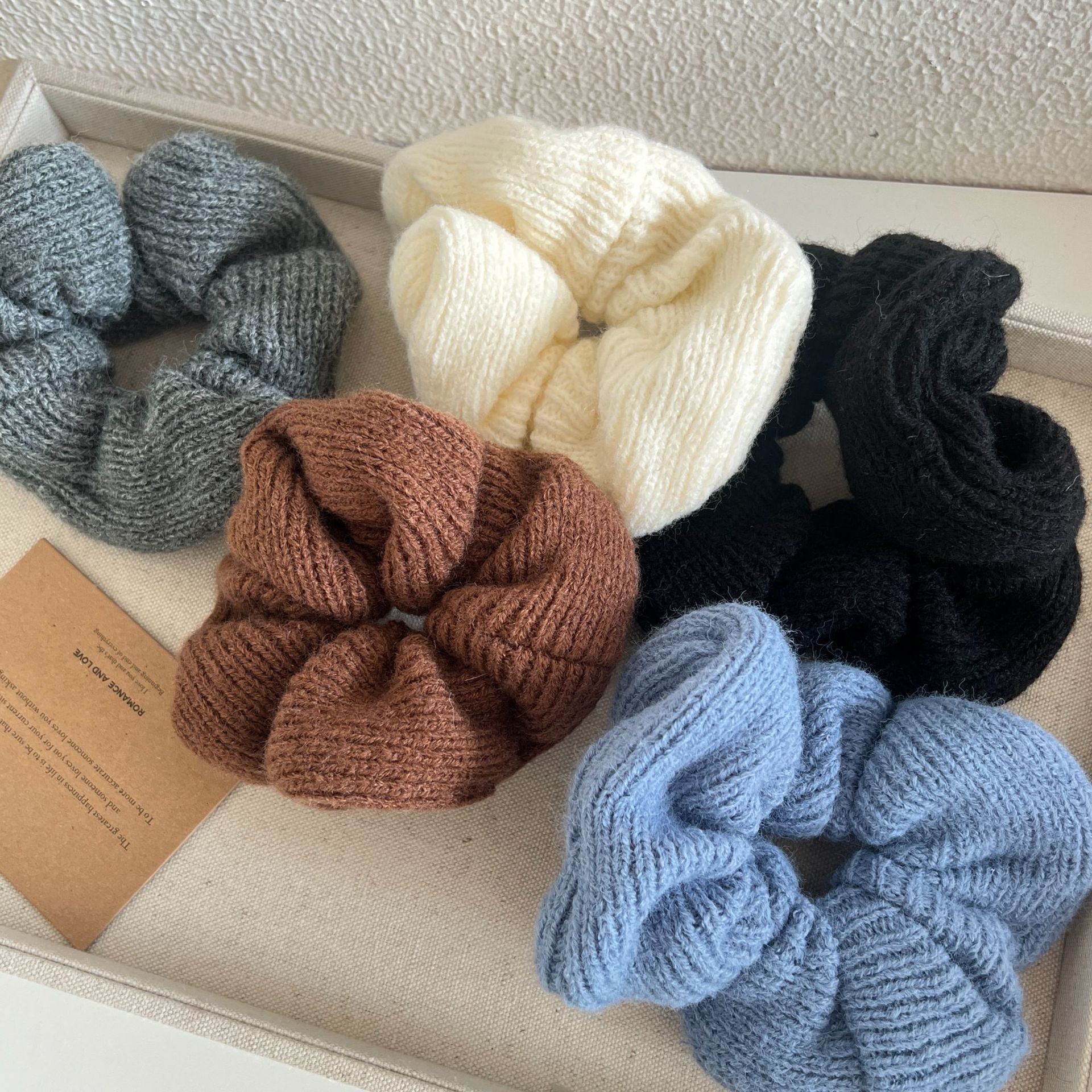 Women's Retro Knitted Pleated Elastic Hair Scrunchie Solid Coffee Color