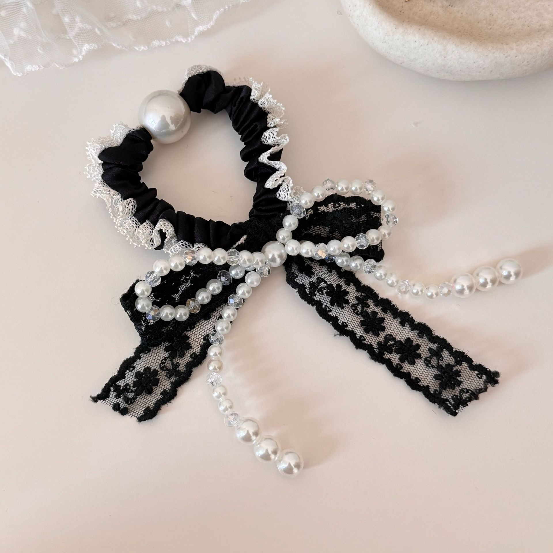 Women's Fairy Pearl Bowknot Lace Hair Tie For Spring Summer Black & Beige