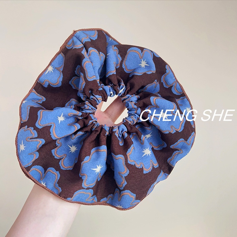 Women's Volumizing Chiffon Pleated Scrunchie Blue Coffee Printed