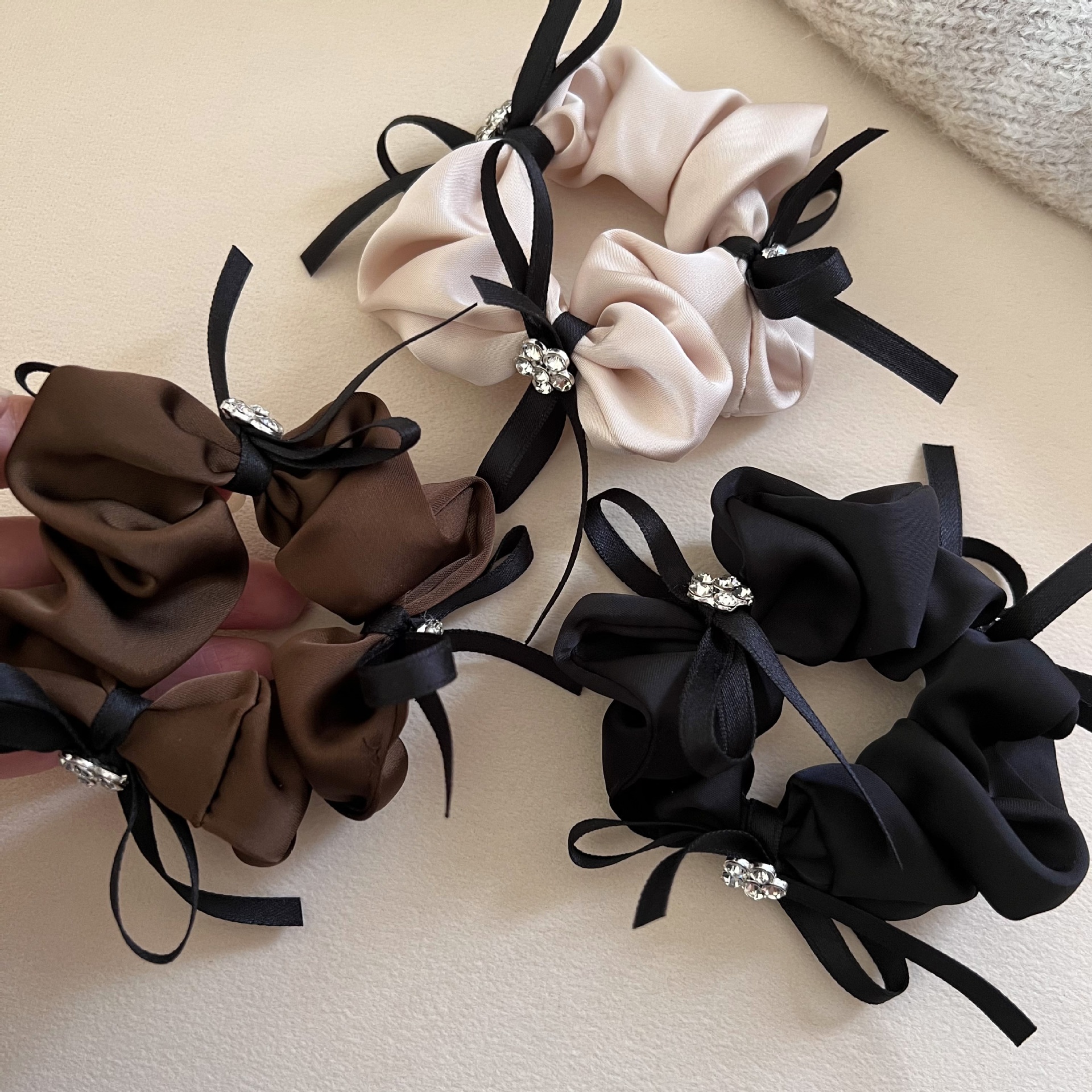 Women Elegant Satin Headband Rhinestone Bow Hair Hoop Solid Color