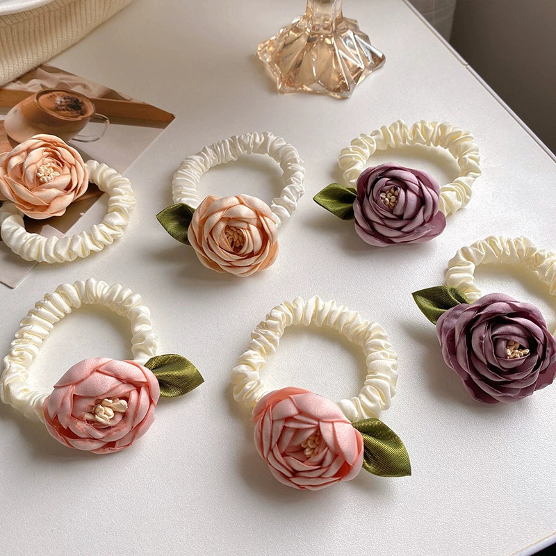 Girls Sweet Cloth Low Ponytail Braid Hair Accessories Tea Rose Floral