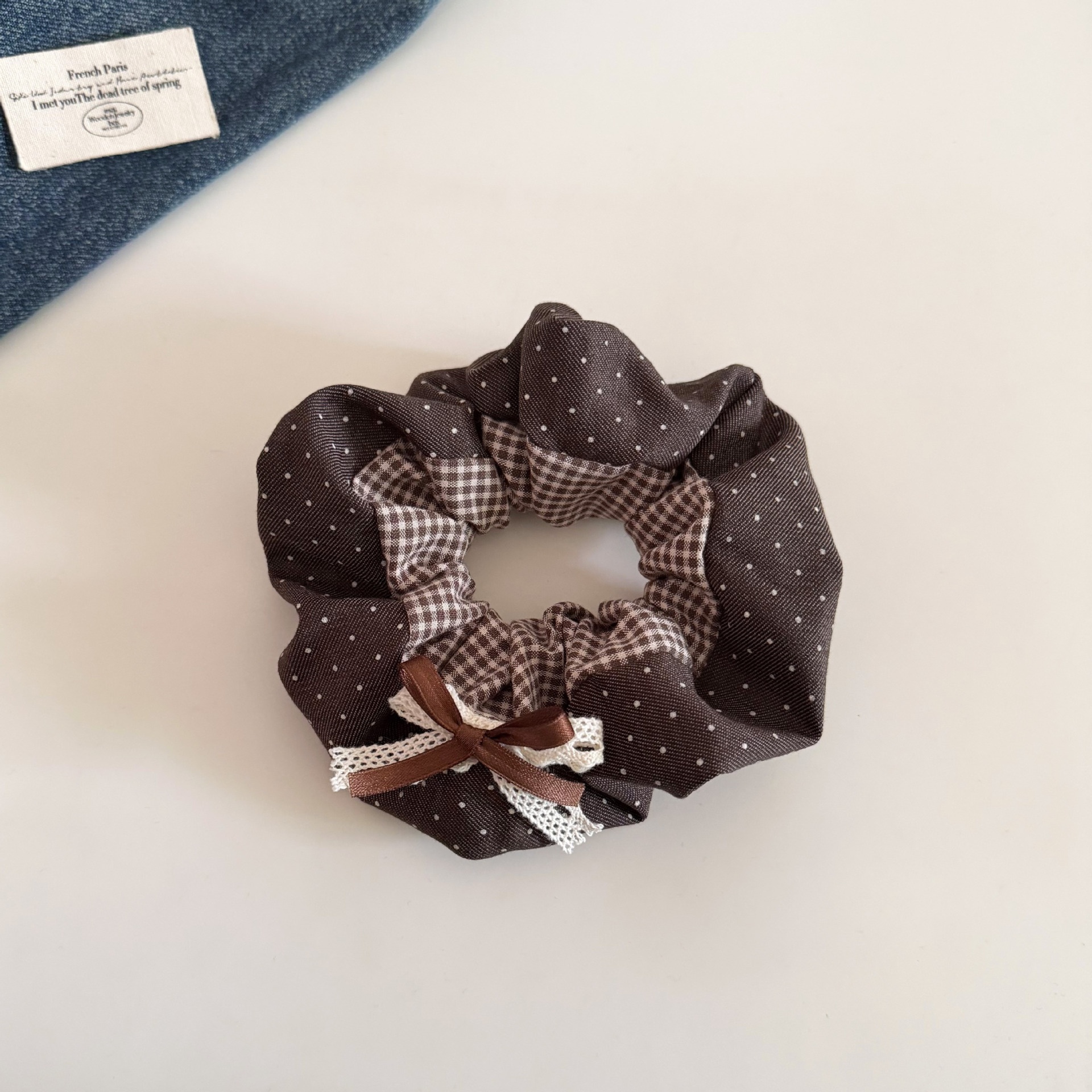 Women Cloth Ponytail Bow Hairband Navy Blue Coffee Plaid Polka Dot