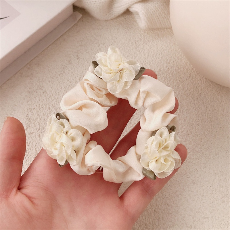 Women's Spring Fairy Satin Elastic Hair Tie Beige Black Jasmine Flower