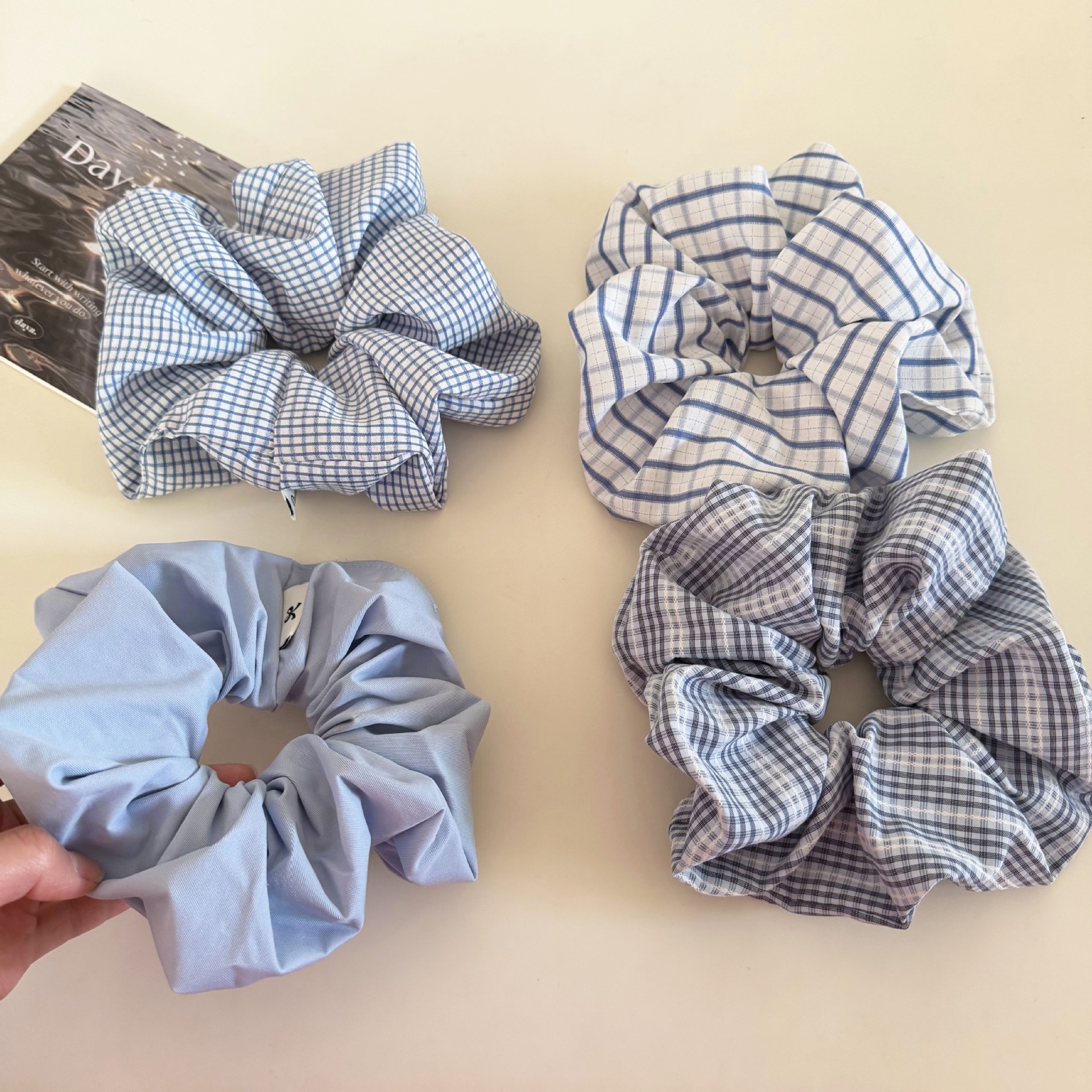 Women's Daily Cloth Hair Scrunchie Light Blue Checkered Plaid