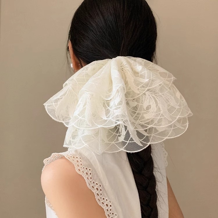 Women's French Elegant Extra Large White Lace Headband Fairy Style Hair Tie
