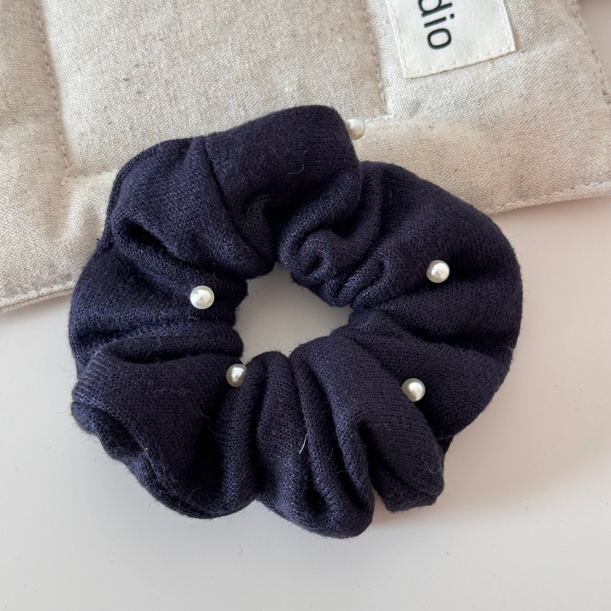 Women Elegant Pearl Knitted Cotton Hair Bands Winter Bun Ties Solid Colors