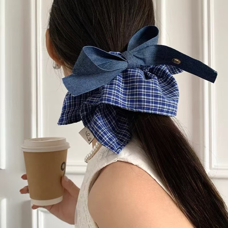 Women's Vintage Bowknot Elastic Scarf Hair Tie Blue Denim Plaid