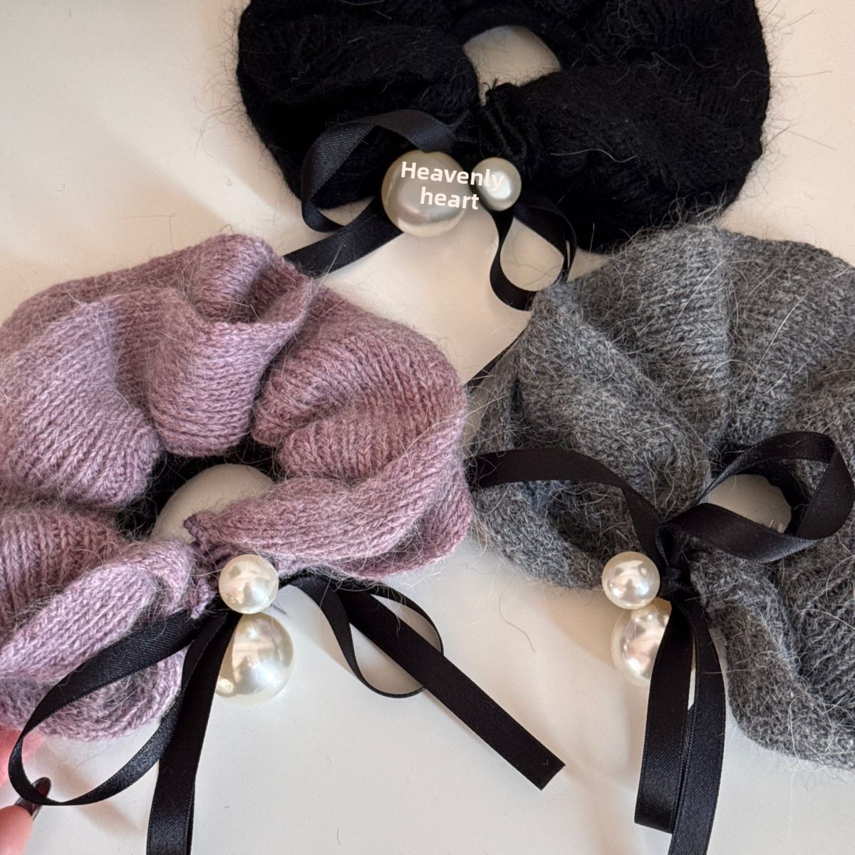 Women's High-end Pearl Knitted Wool Hairband Winter Ribbon Bow Bun Tie