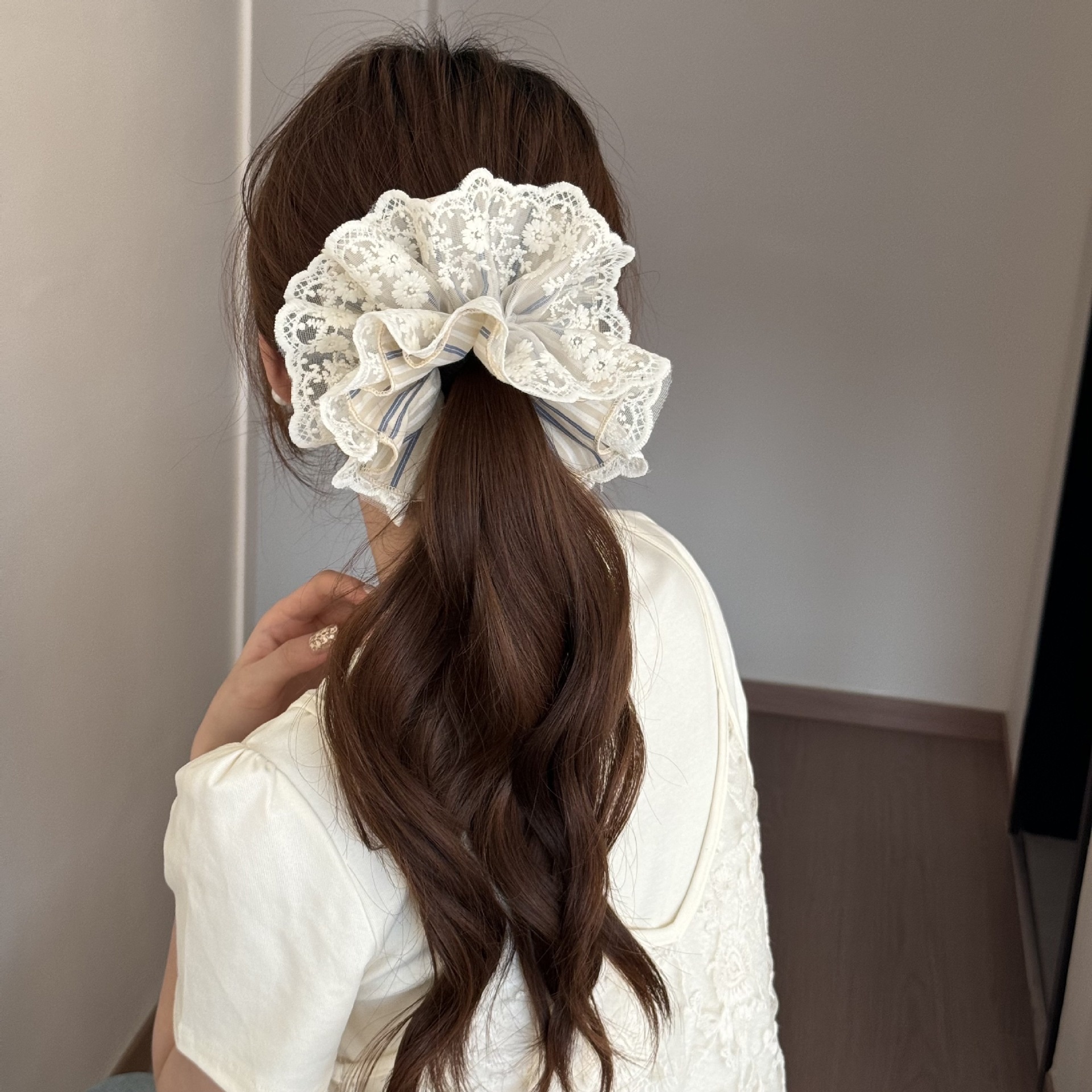 Women's Spring French Polyester Hair Tie Blue And Beige Striped Lace