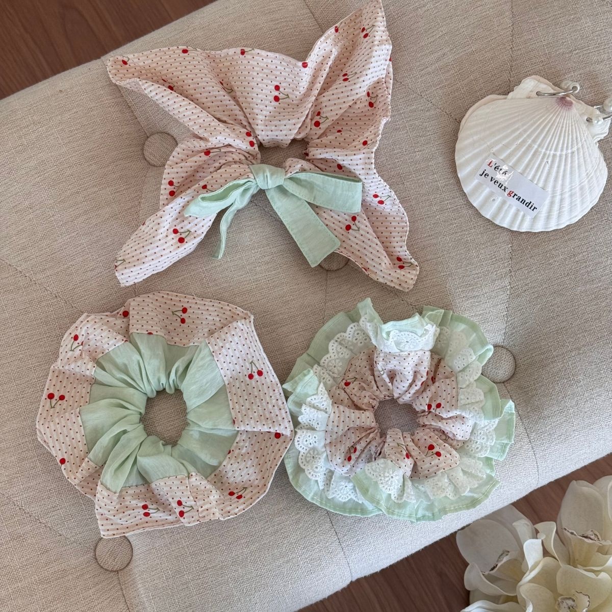 Women's Spring Soft Cloth Hair Tie Scrunchie Pink Sweet Cherry