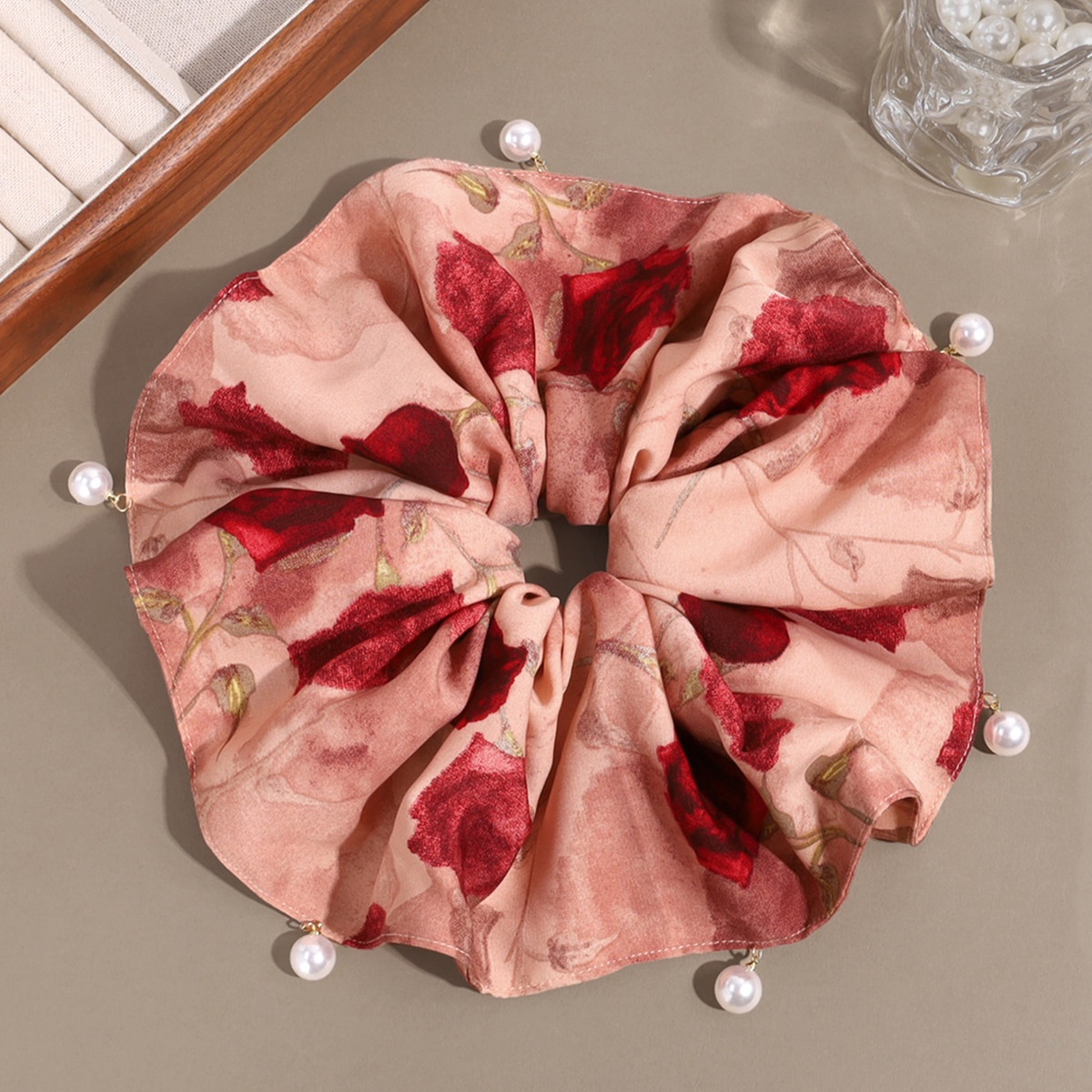 Women's Summer Retro Pearl Satin Hair Tie Beige Floral Pattern