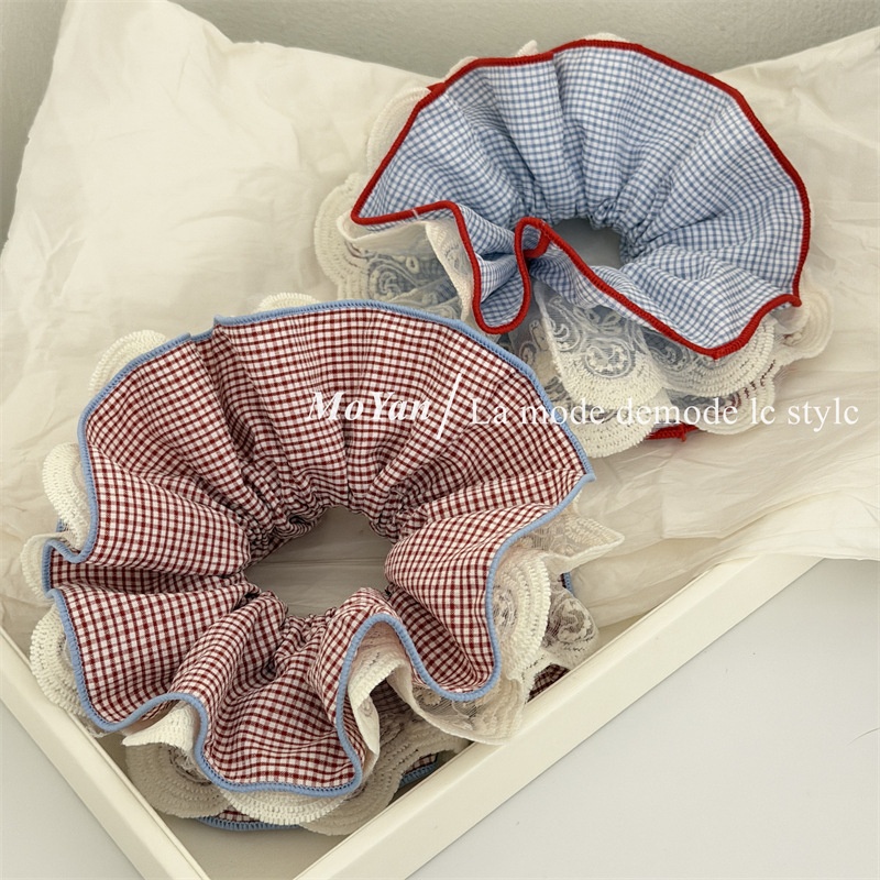 Women's Cloth Hair Tie Scrunchies Red Blue Checkered Plaid