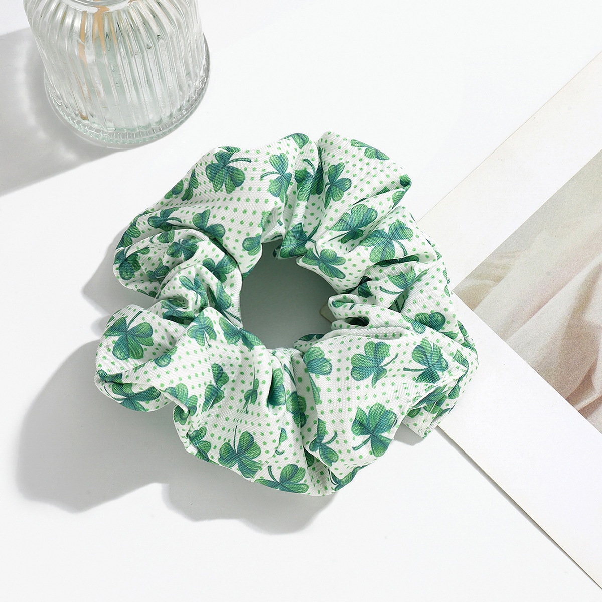 Women's St. Patrick Fabric Scrunchie Green Four-Leaf Clover Plaid
