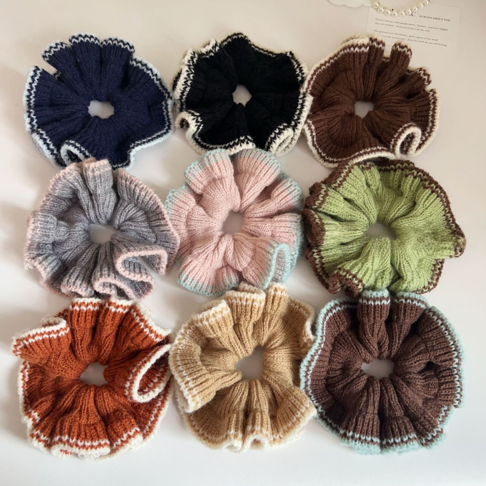 Women's Autumn Winter Warm Yarn Hair Tie Pink Plaid Color Block