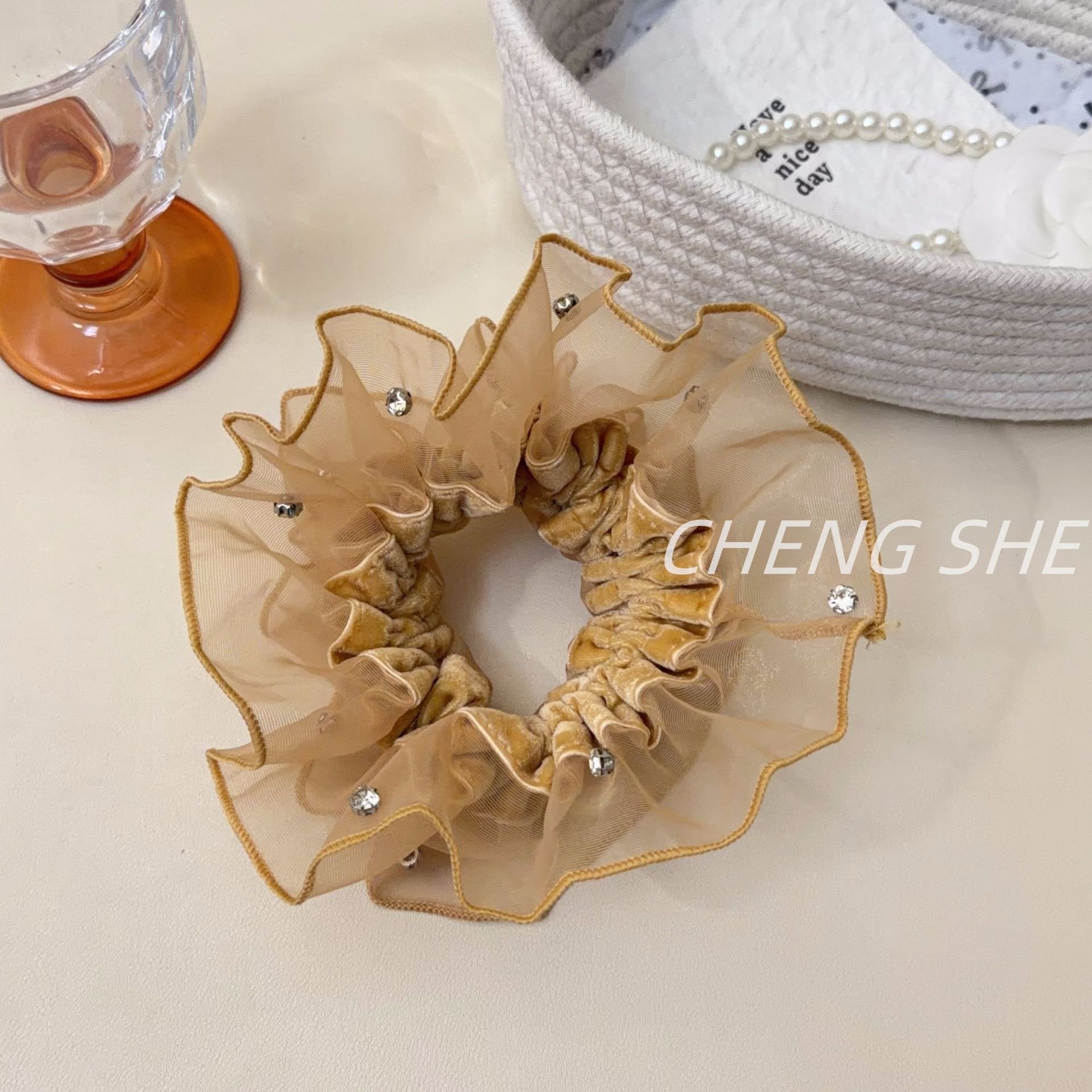 Women's Everyday Elegant Organza Rhinestone Hair Tie Solid Yellow