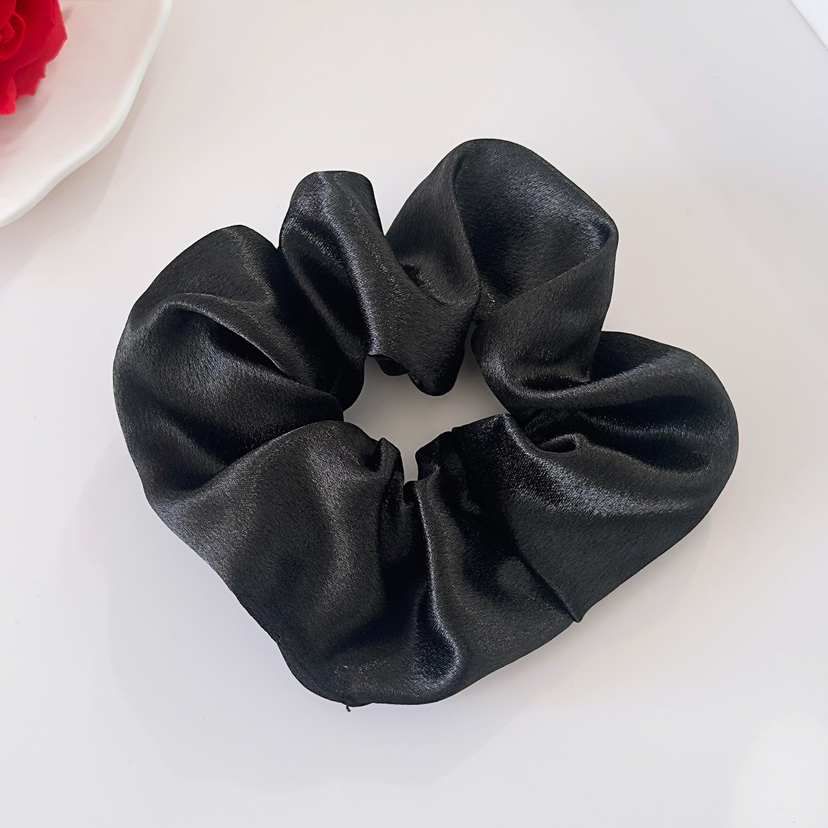 Women's Elegant Black Satin Hair Tie, Comfortable Solid Color Scrunchie